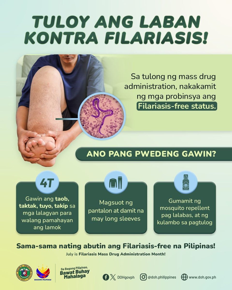 ❗️FILARIASIS — ISA PANG SAKIT NA DALA NG LAMOK NGAYONG TAG-ULAN ❗️

💡 Bukod sa Aedes aegypti na nagdadala ng dengue, mabilis ding dumadami sa panahon ng tag-ulan ang mga lamok gaya ng Aedes spp., Anopheles spp., at Mansonia spp. na nagdadala ng Filariasis.
