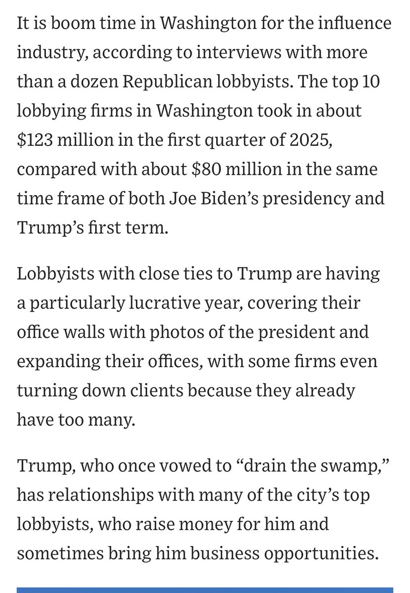 “Washington is even less concerned about the appearance of impropriety than usual,” reports the Wall Street Journal in a deep dive on influence and access in the nation’s capital. Some parts of the influence game are said to be too rich even for lobbyists.