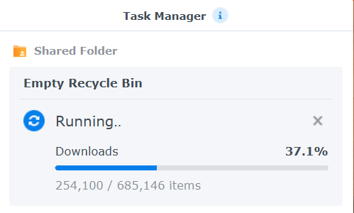 PSA: If you're running low on storage on your #Synology, it pays to check the recycle bin if it's enabled.  The device shown has been in operation for a decade, during which time it had accumulated over 685K items.  Emptying it released 1.2 TB worth of storage. YMMV.
