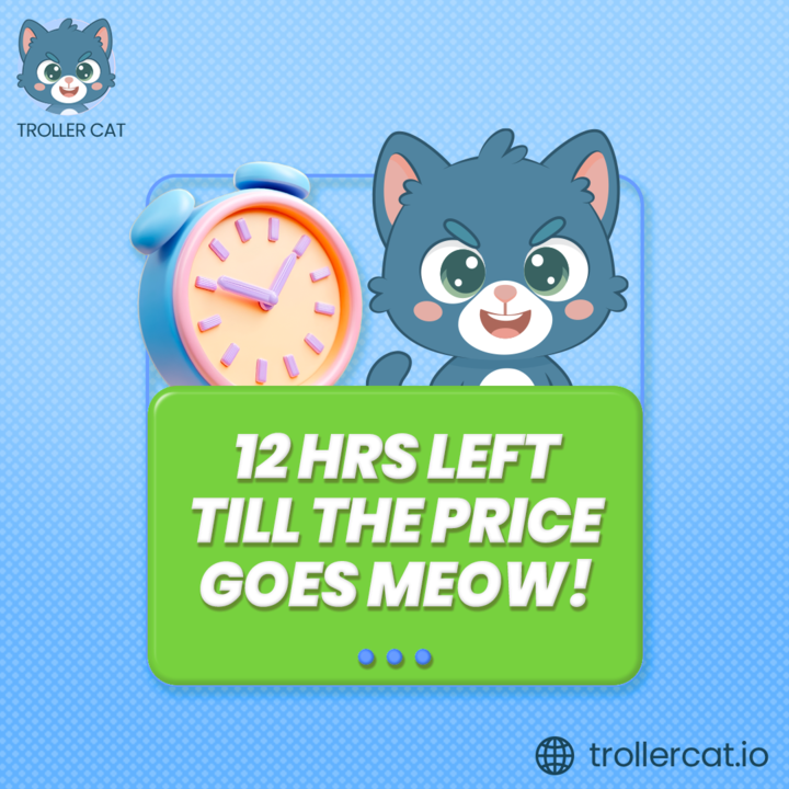 trollercat_'s tweet photo. ⏰12 hours left before the price hits turbo meow-mode!

📈 We warned ya, the next stage ain't waiting for the snoozers.

🐾 Buy now or chase later → https://t.co/VZp0FnGDf7

#TCAT #TrollerCat #memecoin100x #presalecoin https://t.co/z2VK82vnfo