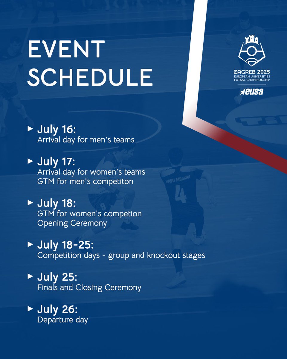 📅 The official event schedule is here! ⚽🔥

You can check out the schedule here or on our official website 🔗 futsal2025.eusa.eu/competition/sc…

Let the countdown begin - Zagreb is waiting! 🇭🇷

#Zagreb2025 #EUSAFutsal #EUCFutsal #EUSA #Futsal2025 #UniSport