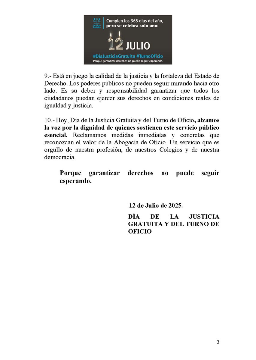 📜⚖️𝐂𝐆𝐀𝐄. 𝟏𝟐 𝐃𝐄 𝐉𝐔𝐋𝐈𝐎 – 𝐌𝐀𝐍𝐈𝐅𝐈𝐄𝐒𝐓𝐎 𝐄𝐍 𝐃𝐄𝐅𝐄𝐍𝐒𝐀 𝐃𝐄 𝐋𝐀 𝐉𝐔𝐒𝐓𝐈𝐂𝐈𝐀 𝐆𝐑𝐀𝐓𝐔𝐈𝐓𝐀 𝐘 𝐄𝐋 𝐓𝐔𝐑𝐍𝐎 𝐃𝐄 𝐎𝐅𝐈𝐂𝐈𝐎. #DíaJusticiaGratuita #TurnoOficio #porquegarantizarderechosnopuedeseguiresperando <a href="/MargaCerro/">Marga Cerro</a> <a href="/Abogacia_es/">Abogacía Española</a>