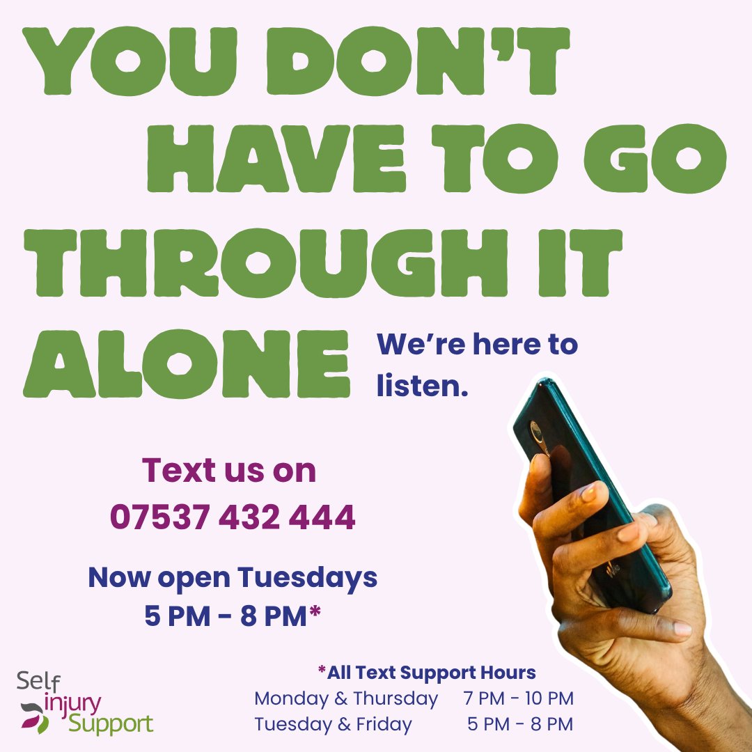More opening hours, more support.

We’re so pleased to share that our text helpline is now open on Tuesday evenings! That means we're now available four nights a week for free, confidential, and non-judgemental support.

Text us on 07537 432 444 😌