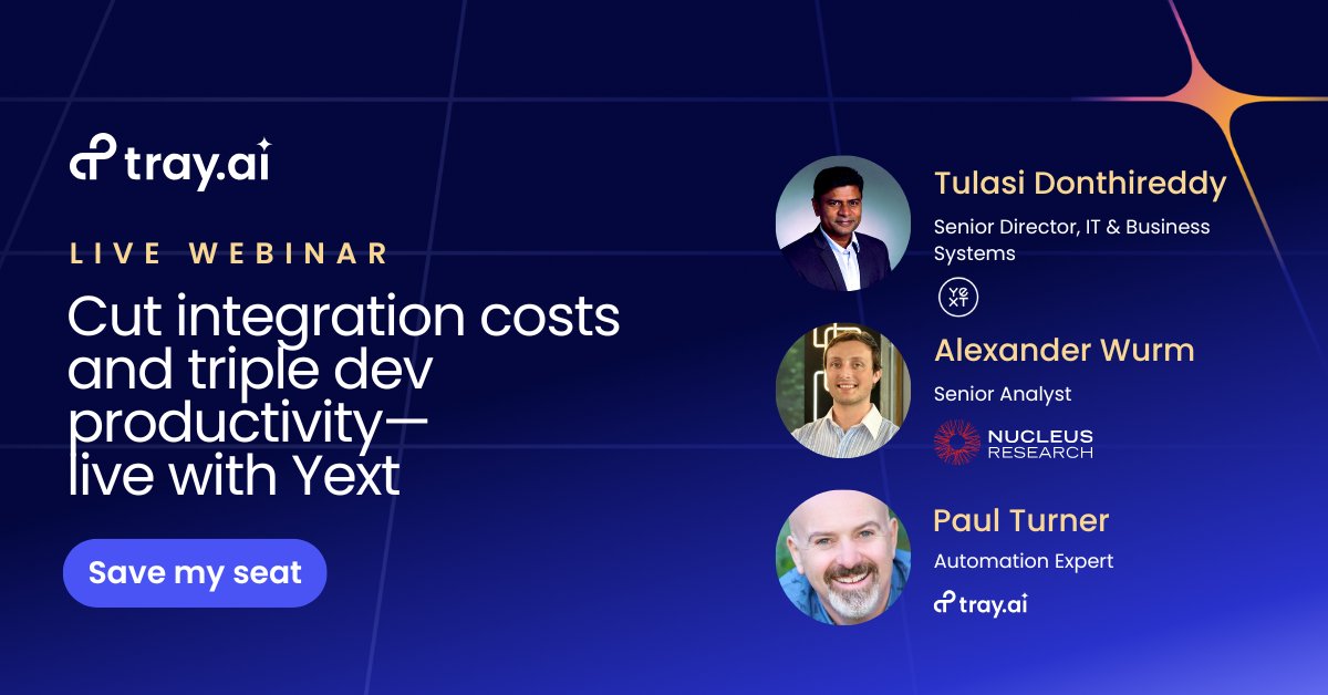 tray's tweet image. Today’s the day.
In a few hours, @Yext and @NucleusResearch go live to share how to cut costs, reduce complexity, and move fast with modern integration.
@ 11AM PT | 2PM ET
Register now to get the link: bit.ly/4k3WCAh