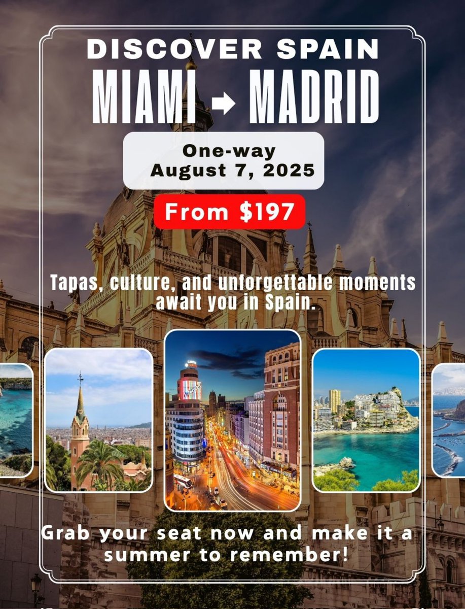 Ready to explore Spain? 🇪🇸
Fly from Miami to Madrid on August 7, 2025 – one-way fares starting at just $197!
Your next European adventure is just one flight away ✈️
👉 Don’t miss out – this deal won’t last long!
trip.tpo.lu/s9MuT8jo
#CheapFlightDeals #MiamiToMadrid
#budgettrip