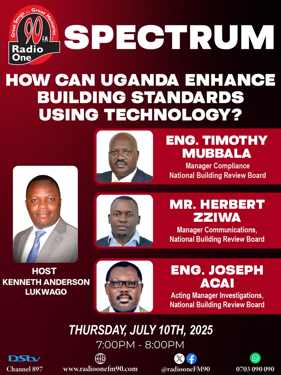Radio One FM90 (@radioonefm90) on Twitter photo "HOW CAN UGANDA ENHANCE BUILDING STANDARDS USING TECHNOLOGY?" - <a href="/EngMubbalaTN/">Eng Timothy Mubbala Noah</a> <a href="/zziwaherbert/">Herbert Zziwa</a>
Tonight, on Spectrum with <a href="/anderlukson/">Kenneth Anderson Lukwago</a>
<a href="/NBRBug/">National Building Review Board</a>
<a href="/UIPE_Uganda/">UIPE</a>
<a href="/SRB_Uganda/">Surveyors Registration Board</a>
<a href="/UgArchSociety/">Uganda Society of Architects</a>
<a href="/ERBUganda/">Engineers Registration Board - Uganda</a>
<a href="/ARBUganda/">Architects Registration Board - Uganda</a>
<a href="/pwatchug/">Parliament Watch</a>
<a href="/Parliament_Ug/">Parliament of Uganda</a>
<a href="/GovUganda/">Government of Uganda</a>
#RadioOne #FM90 #SPECTRUM "HOW CAN UGANDA ENHANCE BUILDING STANDARDS USING TECHNOLOGY?" - <a href="/EngMubbalaTN/">Eng Timothy Mubbala Noah</a> <a href="/zziwaherbert/">Herbert Zziwa</a>
Tonight, on Spectrum with <a href="/anderlukson/">Kenneth Anderson Lukwago</a>
<a href="/NBRBug/">National Building Review Board</a>
<a href="/UIPE_Uganda/">UIPE</a>
<a href="/SRB_Uganda/">Surveyors Registration Board</a>
<a href="/UgArchSociety/">Uganda Society of Architects</a>
<a href="/ERBUganda/">Engineers Registration Board - Uganda</a>
<a href="/ARBUganda/">Architects Registration Board - Uganda</a>
<a href="/pwatchug/">Parliament Watch</a>
<a href="/Parliament_Ug/">Parliament of Uganda</a>
<a href="/GovUganda/">Government of Uganda</a>
#RadioOne #FM90 #SPECTRUM