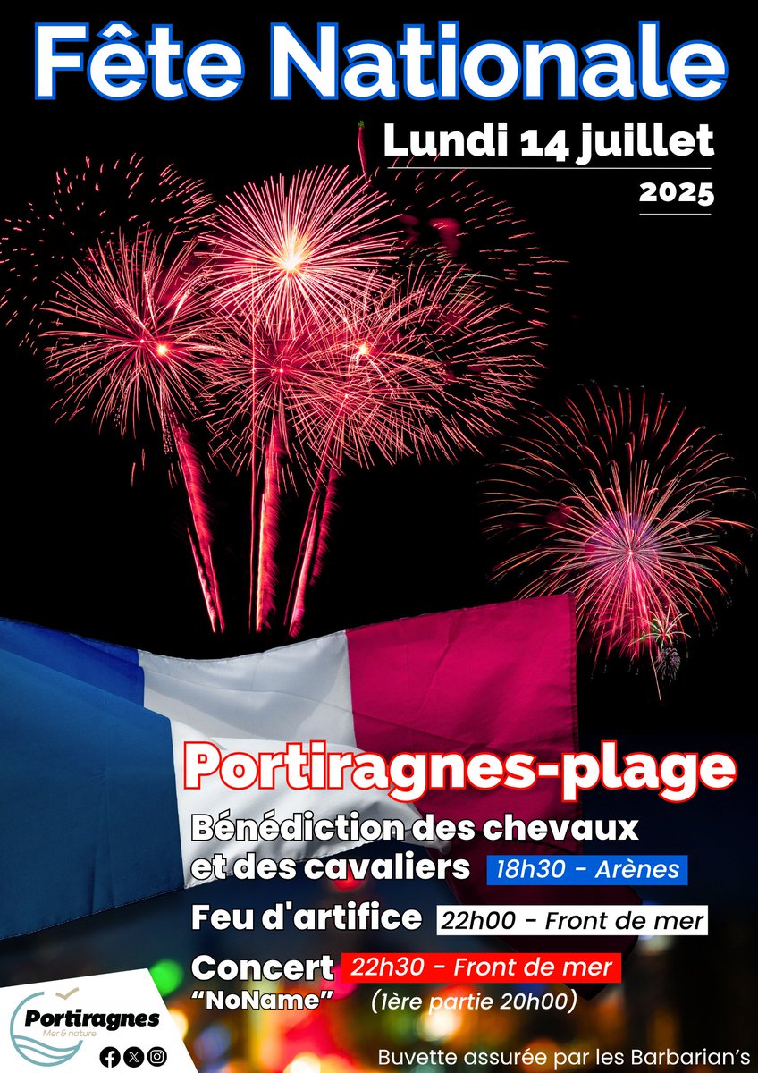 I 𝗙Ê𝗧𝗘 𝗡𝗔𝗧𝗜𝗢𝗡𝗔𝗟𝗘 À 𝗣𝗢𝗥𝗧𝗜𝗥𝗔𝗚𝗡𝗘𝗦-𝗣𝗟𝗔𝗚𝗘 – 𝗟𝗨𝗡𝗗𝗜 𝟭𝟰 𝗝𝗨𝗜𝗟𝗟𝗘𝗧 
Une soirée festive, populaire et musicale au bord de la Méditerranée !