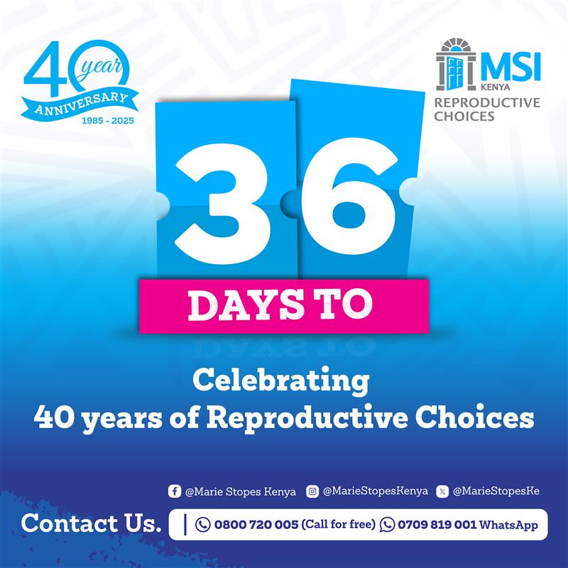 🎉 36 Days to 40 Years of Impact!
From 1985 to 2025, we've stood with women, families, and communities — offering care, choice, and dignity. 💙

Join us as we count down to #MSIKAt40 — celebrating 4 decades of reproductive health, rights, and transformation across Kenya.