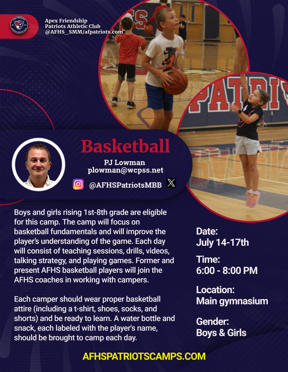 Apex Friendship Patriots Athletic Club (@afhs_pac) on Twitter photo Our last set of camps for next week close registrations Saturday evening! If you have a camper interested in Lacrosse and/or Basketball…sign up ASAP! Can’t wait to see our final round of Patriot Campers!
<a href="/AFPatAthletics/">Apex Friendship High School Athletics</a>
<a href="/AFHS_mlax/">Apex Friendship Mens Lacrosse</a>
<a href="/AFHS_wlax/">AFHS wlax</a>
<a href="/CoachPJLowman/">Coach PJ Lowman</a>
<a href="/AFHSPatriotsMBB/">Apex Friendship Patriots Basketball</a> Our last set of camps for next week close registrations Saturday evening! If you have a camper interested in Lacrosse and/or Basketball…sign up ASAP! Can’t wait to see our final round of Patriot Campers!
<a href="/AFPatAthletics/">Apex Friendship High School Athletics</a>
<a href="/AFHS_mlax/">Apex Friendship Mens Lacrosse</a>
<a href="/AFHS_wlax/">AFHS wlax</a>
<a href="/CoachPJLowman/">Coach PJ Lowman</a>
<a href="/AFHSPatriotsMBB/">Apex Friendship Patriots Basketball</a>