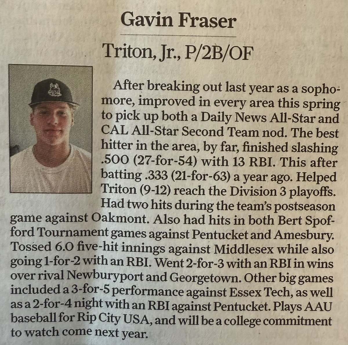 Congratulations to Nick Bonasera and Gavin Fraser who were named Baseball All-Stars by the <a href="/newburyportnews/">Newburyport News</a> . Honorable Mention to Josh Hersey, Connor Rumph, and Josh Penney!