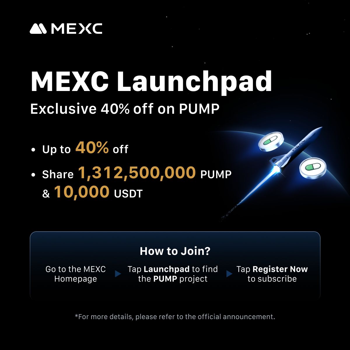 The $PUMP 🚀 is real! MEXC just launched a massive event:

💰 1,312,500,000 $PUMP in rewards
🆕 New users: 40% off &amp; a 312.5M pool
👥 Bring friends &amp; split $10,000 USDT
🔥 Ongoing until July 15

Start here 👉 mexc.com/launchpad/PUMP…
#PUMP #MEXC
