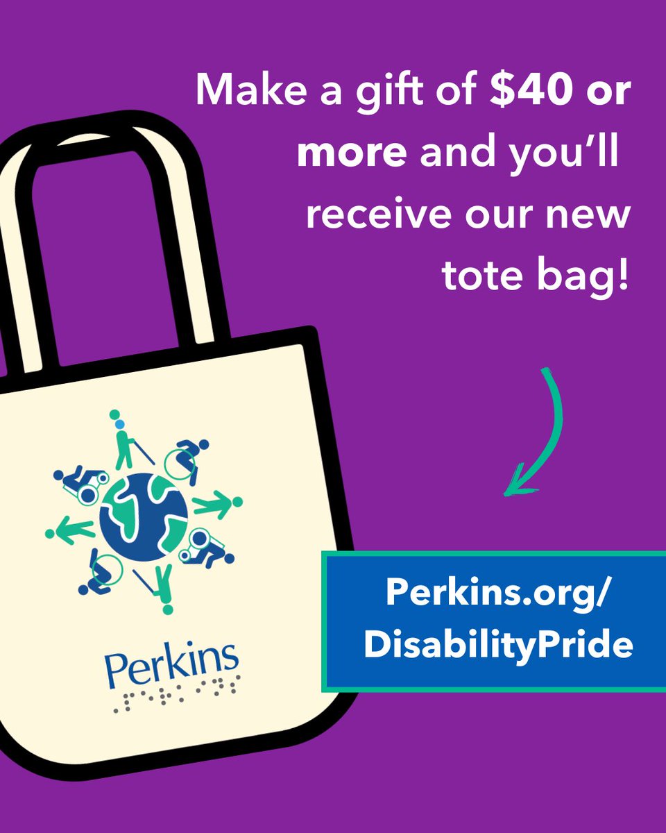 PerkinsVision's tweet image. 📣This month only! 📣 In honor of #DisabilityPrideMonth, we’re giving you our newest Perkins tote bag when you make a gift of $40 or more at bit.ly/3IkJCJg. Carry yours with pride all month long. 💙