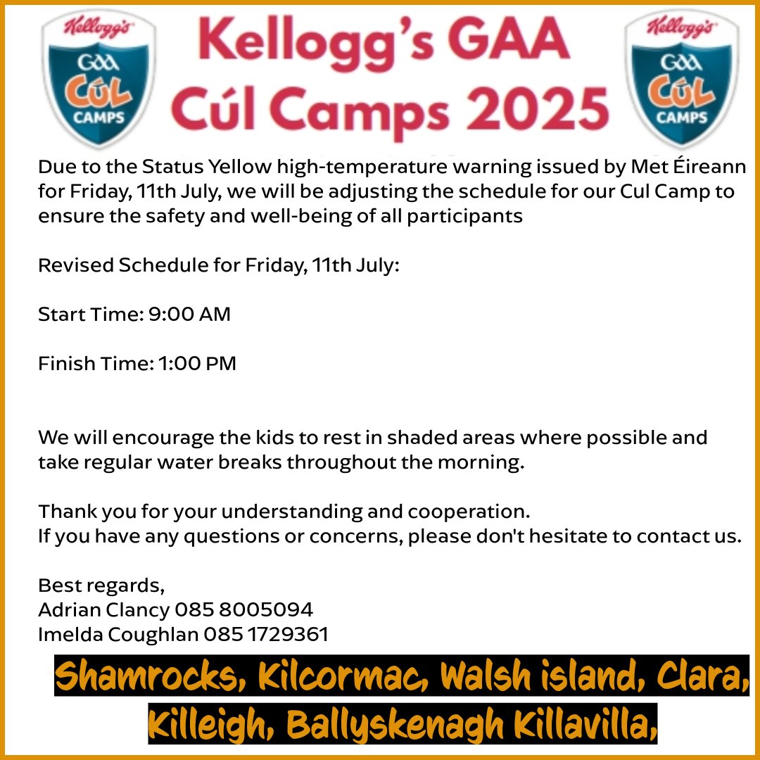 Official Offaly GAA (@offaly_gaa) on Twitter photo 𝙄𝙢𝙥𝙤𝙧𝙩𝙖𝙣𝙩 𝙄𝙣𝙛𝙤𝙧𝙢𝙖𝙩𝙞𝙤𝙣 𝙧𝙚𝙜𝙖𝙧𝙙𝙞𝙣𝙜 𝘾𝙪𝙡 𝘾𝙖𝙢𝙥𝙨 𝙤𝙣 𝙁𝙧𝙞𝙙𝙖𝙮 𝟏𝟏𝙩𝙝 𝙅𝙪𝙡𝙮
Please see the information below regarding the Cúl Camps on Friday 11th July.
<a href="/shamrocksgaa/">shamrocksgaaclub</a> <a href="/KK_GAA/">Cill Chormaic Cill Achaidh CLG</a> <a href="/WalshIslandGAA1/">Walsh Island GAA Club</a> <a href="/Clara_gaa_club/">Clara Gaa Club</a> <a href="/ClodiaghGaels/">Clodiagh Gaels Gaa Club</a> <a href="/RaheenGaa/">Raheen GAA Club</a> 𝙄𝙢𝙥𝙤𝙧𝙩𝙖𝙣𝙩 𝙄𝙣𝙛𝙤𝙧𝙢𝙖𝙩𝙞𝙤𝙣 𝙧𝙚𝙜𝙖𝙧𝙙𝙞𝙣𝙜 𝘾𝙪𝙡 𝘾𝙖𝙢𝙥𝙨 𝙤𝙣 𝙁𝙧𝙞𝙙𝙖𝙮 𝟏𝟏𝙩𝙝 𝙅𝙪𝙡𝙮
Please see the information below regarding the Cúl Camps on Friday 11th July.
<a href="/shamrocksgaa/">shamrocksgaaclub</a> <a href="/KK_GAA/">Cill Chormaic Cill Achaidh CLG</a> <a href="/WalshIslandGAA1/">Walsh Island GAA Club</a> <a href="/Clara_gaa_club/">Clara Gaa Club</a> <a href="/ClodiaghGaels/">Clodiagh Gaels Gaa Club</a> <a href="/RaheenGaa/">Raheen GAA Club</a>