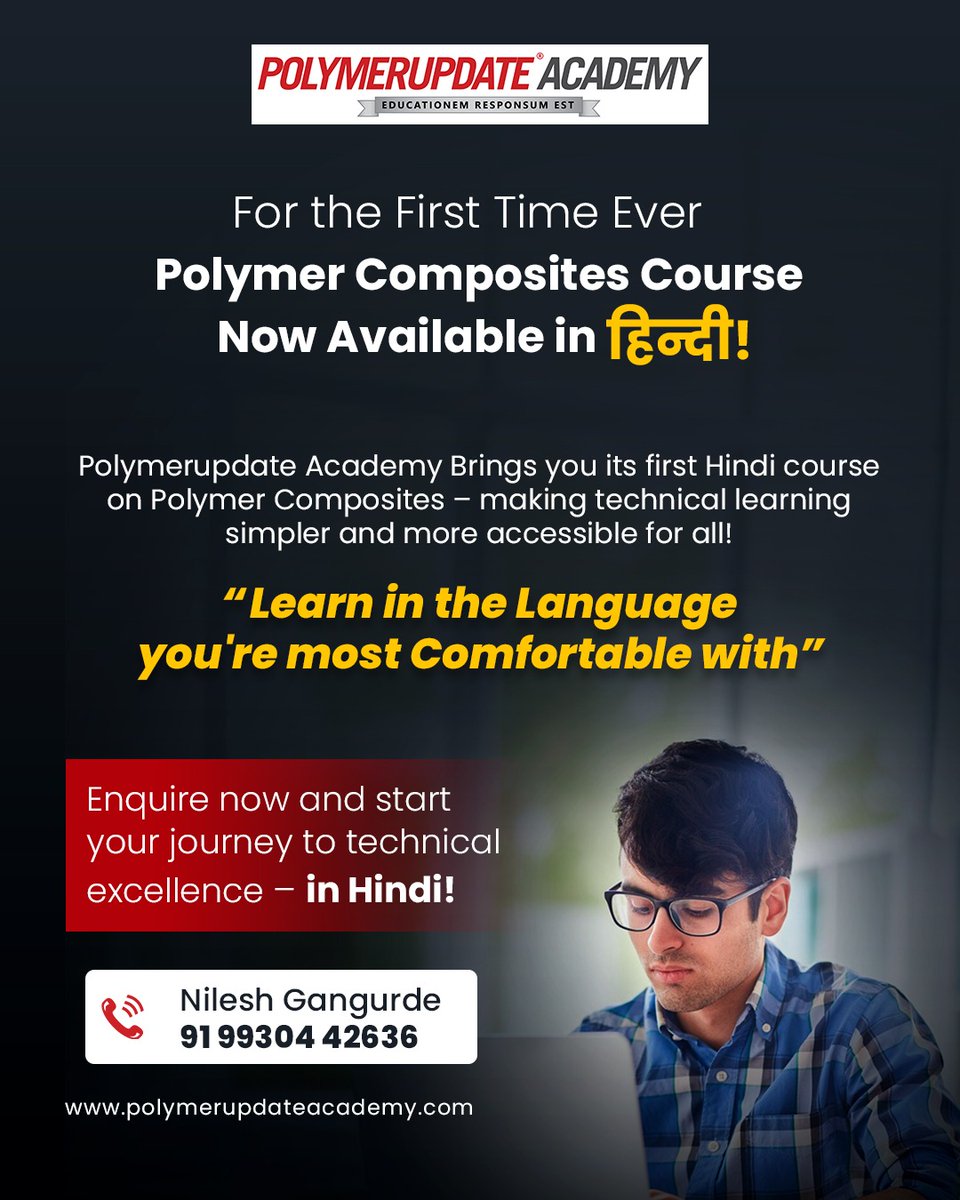Big News from Polymerupdate Academy!

For the first time ever, our Polymer Composites course is now available in Hindi! 
Making technical learning simpler, smarter, and more accessible for all.

💡 “Learn in the language you're most comfortable with”

polymerupdateacademy.com/home/enquire-n…