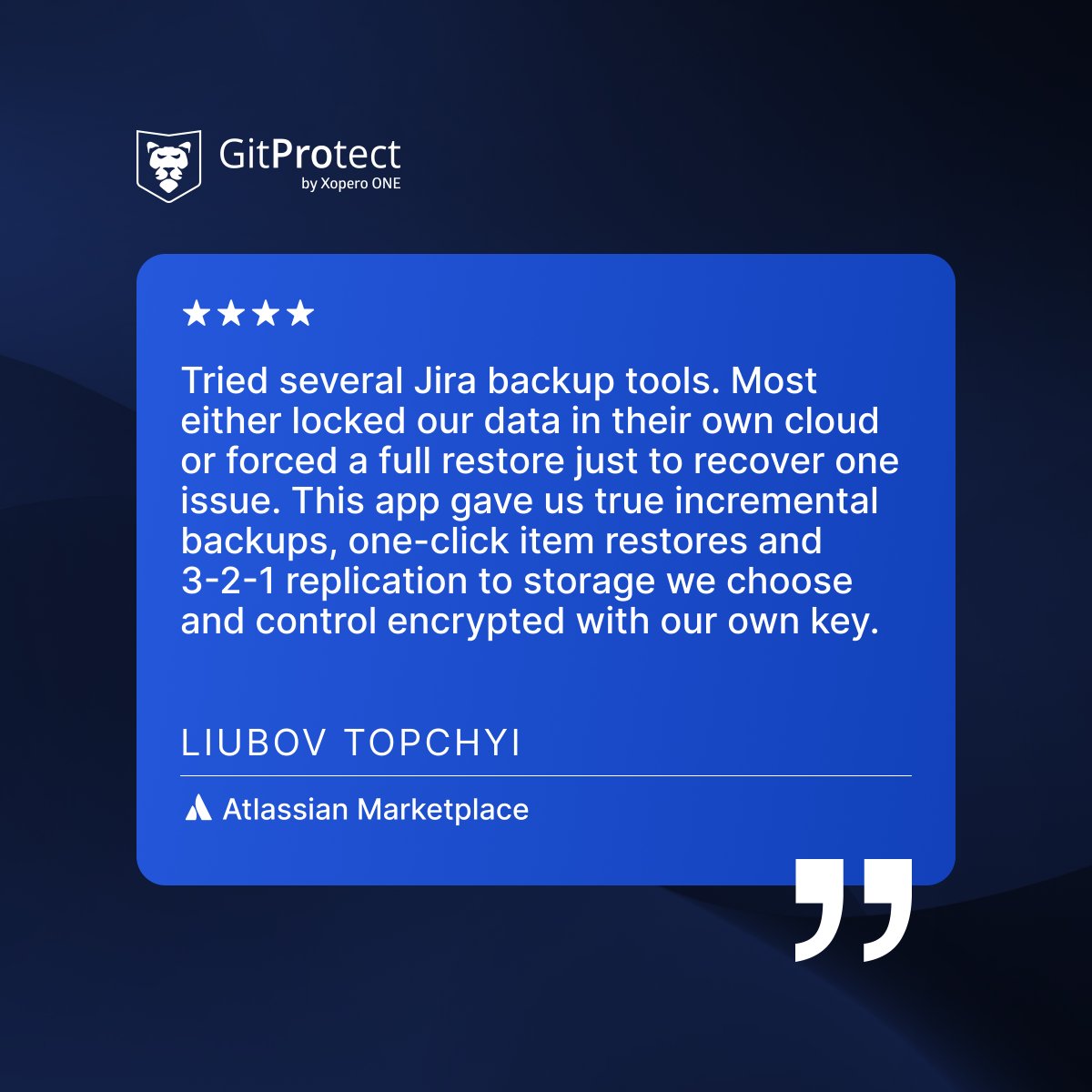 GitProtect.io (@gitprotectio) on Twitter photo 🚀 Security, automation, reliability, and #resilience — that’s what modern #backup & Disaster Recovery should deliver. But don’t just take our word for it…
Check out more real-world feedback or let us know how GitProtect supports your #Jira environment: marketplace.atlassian.com/apps/1228719/g… 🚀 Security, automation, reliability, and #resilience — that’s what modern #backup & Disaster Recovery should deliver. But don’t just take our word for it…
Check out more real-world feedback or let us know how GitProtect supports your #Jira environment: marketplace.atlassian.com/apps/1228719/g…
