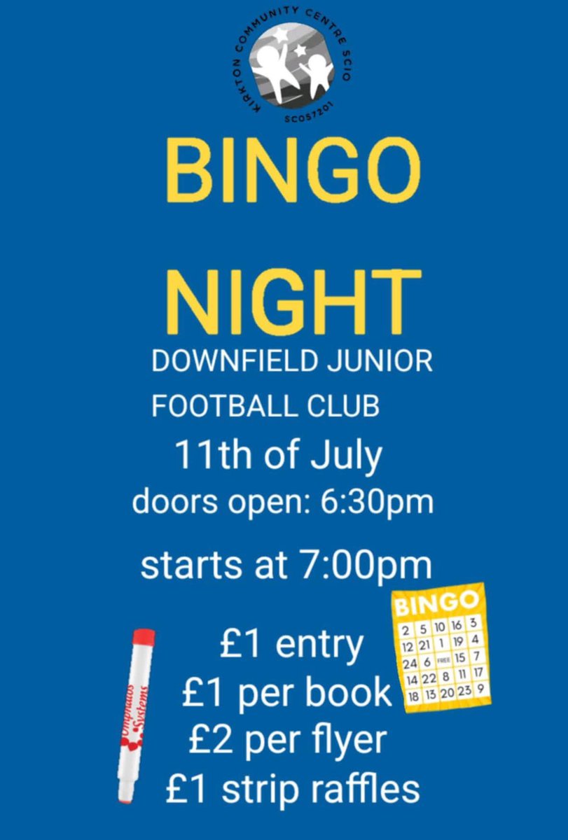 Kirkton Community Centre SCIO (@kirktonscio) on Twitter photo Next Bingo night to raise money towards our new community centre to be held at <a href="/ClubDownfield/">Downfield Junior Football Club</a>
Thanks to Fresh Fadez, Kohenoor, Desserts This Way , Chicken This Way, Tease and Tone Dundee for donations.
Come join us
Bar will be open for refreshments. Next Bingo night to raise money towards our new community centre to be held at <a href="/ClubDownfield/">Downfield Junior Football Club</a>
Thanks to Fresh Fadez, Kohenoor, Desserts This Way , Chicken This Way, Tease and Tone Dundee for donations.
Come join us
Bar will be open for refreshments.