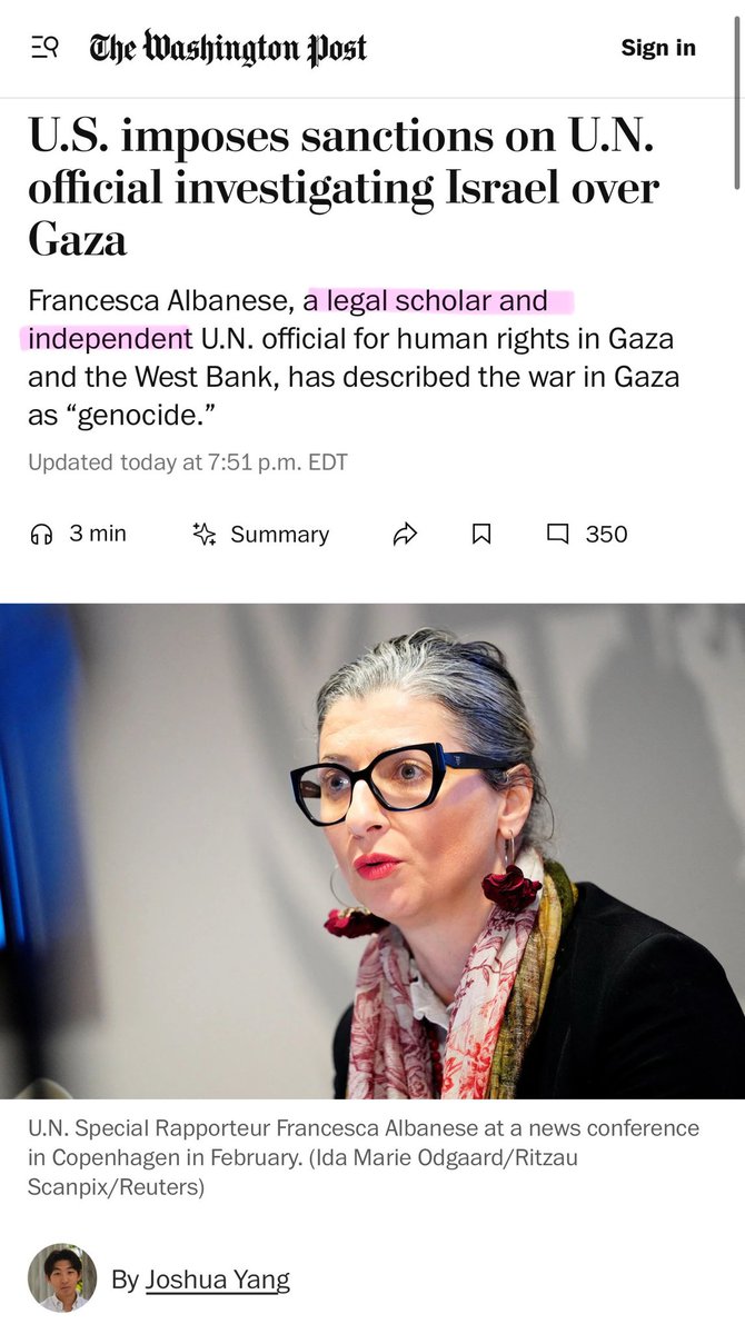 Francesca Albanese is many things.

But she is NOT a ‘legal scholar’ - in fact, she lied about being a lawyer. And nor is she ‘independent’ - she is a mouthpiece for Hamas with an obsessive Jew-hatred agenda.