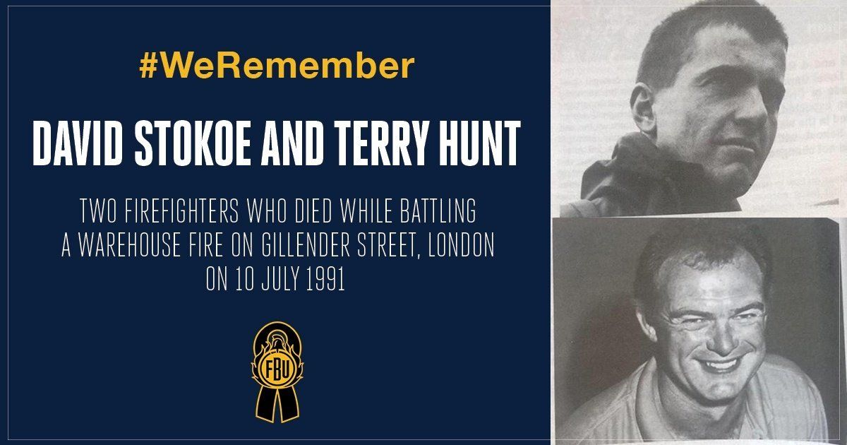 Today #WeRemember David Stokoe and Terry Hunt, who lost their lives in the line of duty responding to the Gillender Street warehouse fire in London on 10 July 1991. 

The fire was not brought under control for several hours and was attended by more than 25 fire engines. Terry and