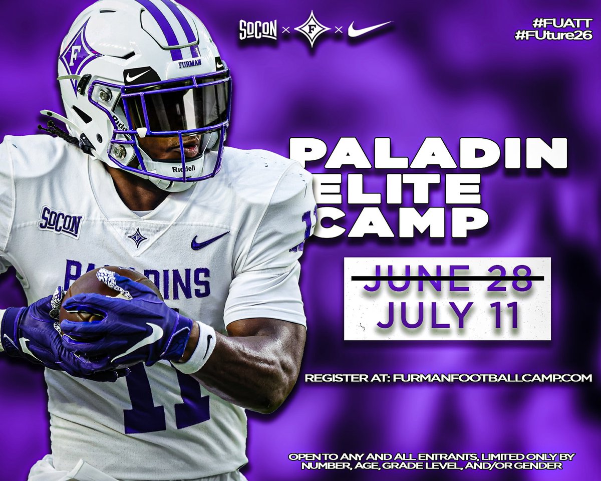Tomorrow is the FINAL opportunity to attend a Furman Football camp this summer! Online pre-registration closes today at 4:30 PM!

🔗: furmanfootballcamp.com/shop/EVENT