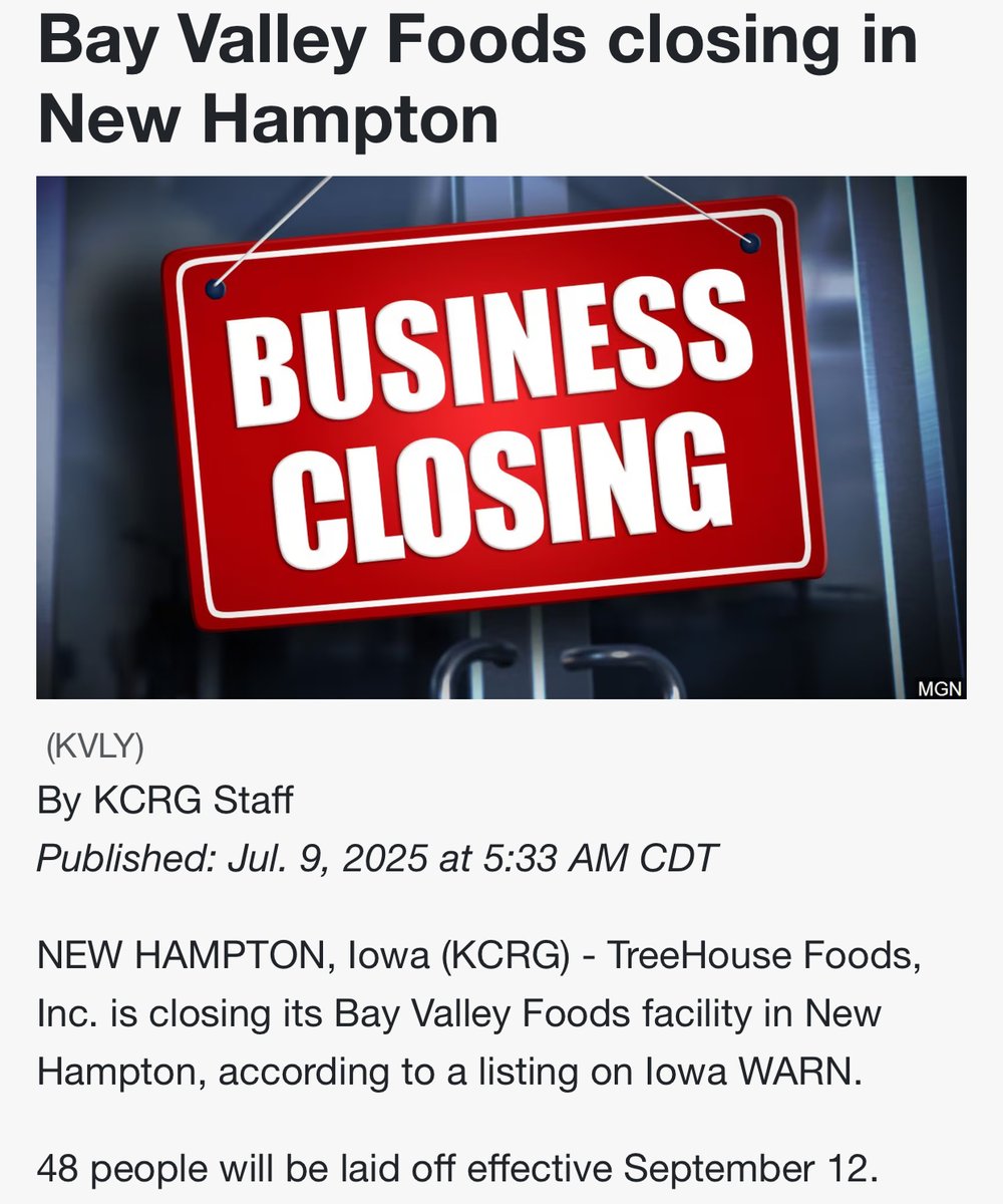 iowademocrats's tweet photo. Iowa families in New Hampton, Waverly, and Charles City all got terrible news Wednesday. Layoffs at Bay Valley Foods and Winnebago Industries total almost 170 jobs. Iowa is 49th in economic growth—we need new leadership. https://t.co/fduZuFqDLK