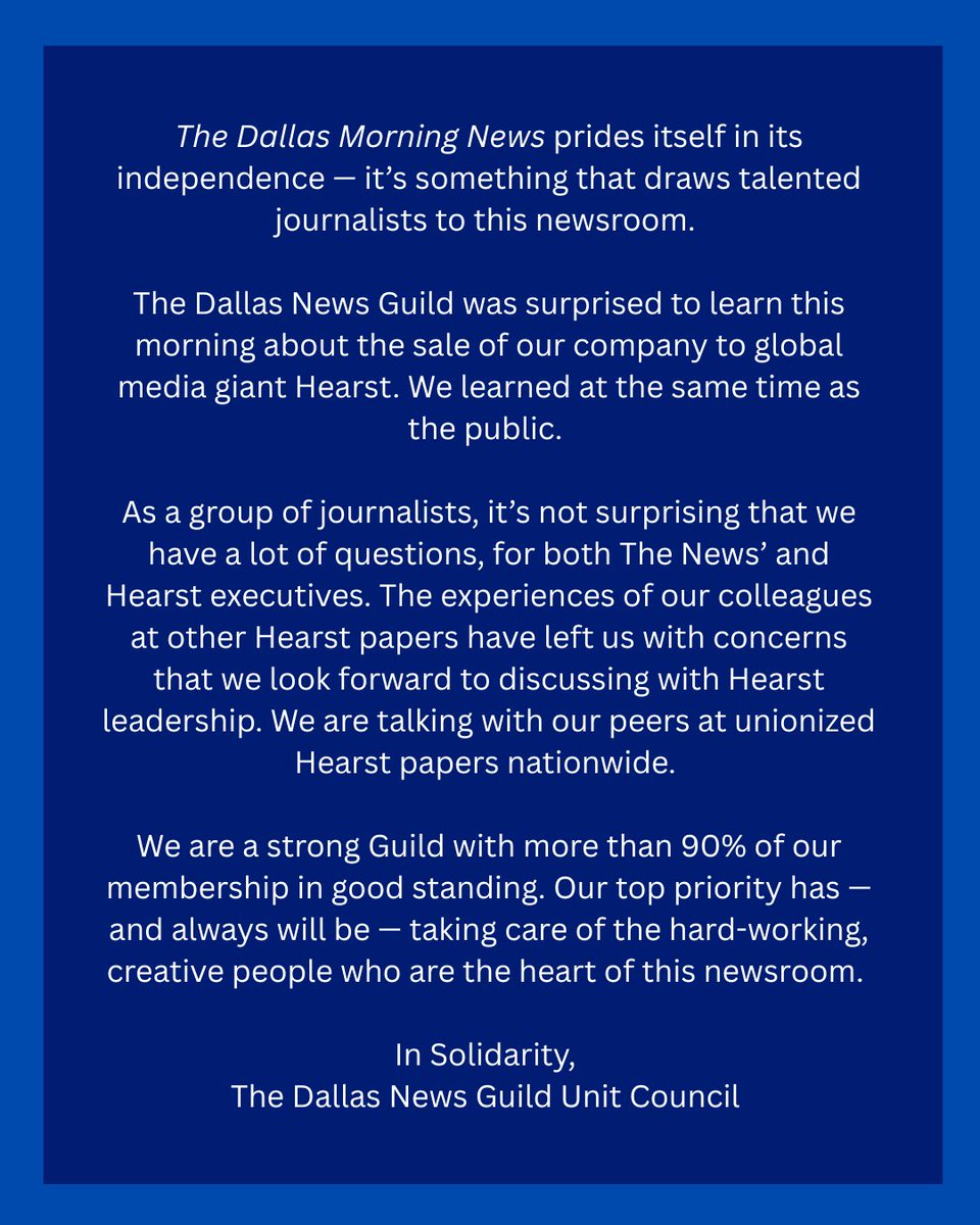 DallasNewsGuild's tweet image. Statement from the Dallas News Guild on the sale of The Dallas Morning News to Hearst
