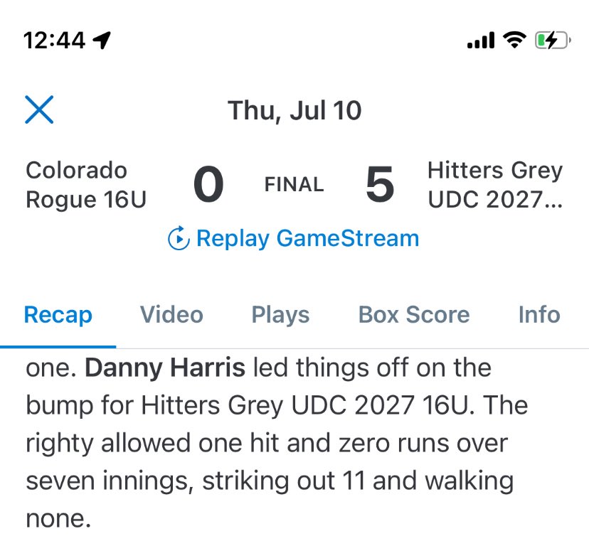 Danny Harris (@harris_danny6) on Twitter photo My best outing of the summer so far against a very solid team at the MPB 16U Scout Games in Omaha, Nebraska. Great start to the tournament, looking to build off of this!
7 IP 1H 0R 0ER 0BB 11K
<a href="/udcbaseball/">Hitters UDC Baseball Club</a> <a href="/tboltbaseball/">VJA Baseball</a> <a href="/PrepBaseballIL/">Prep Baseball Illinois</a> <a href="/PB_Uncommitted/">Prep Baseball Uncommitted</a> <a href="/PG_Illinois/">Perfect Game Illinois</a> <a href="/Play9Sports/">Play9Sports</a> My best outing of the summer so far against a very solid team at the MPB 16U Scout Games in Omaha, Nebraska. Great start to the tournament, looking to build off of this!
7 IP 1H 0R 0ER 0BB 11K
<a href="/udcbaseball/">Hitters UDC Baseball Club</a> <a href="/tboltbaseball/">VJA Baseball</a> <a href="/PrepBaseballIL/">Prep Baseball Illinois</a> <a href="/PB_Uncommitted/">Prep Baseball Uncommitted</a> <a href="/PG_Illinois/">Perfect Game Illinois</a> <a href="/Play9Sports/">Play9Sports</a>