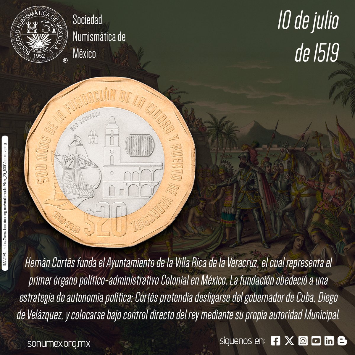 📅 El 10 de julio de 1519 se funda la Villa Rica de la Veracruz, primer gobierno municipal en México.
🪙 Conmemorado en la moneda de 20 pesos 2020.
#NumismáticaMexicana #SONUMEX #20Pesos #Veracruz #HernánCortés #HistoriaDeMéxico
