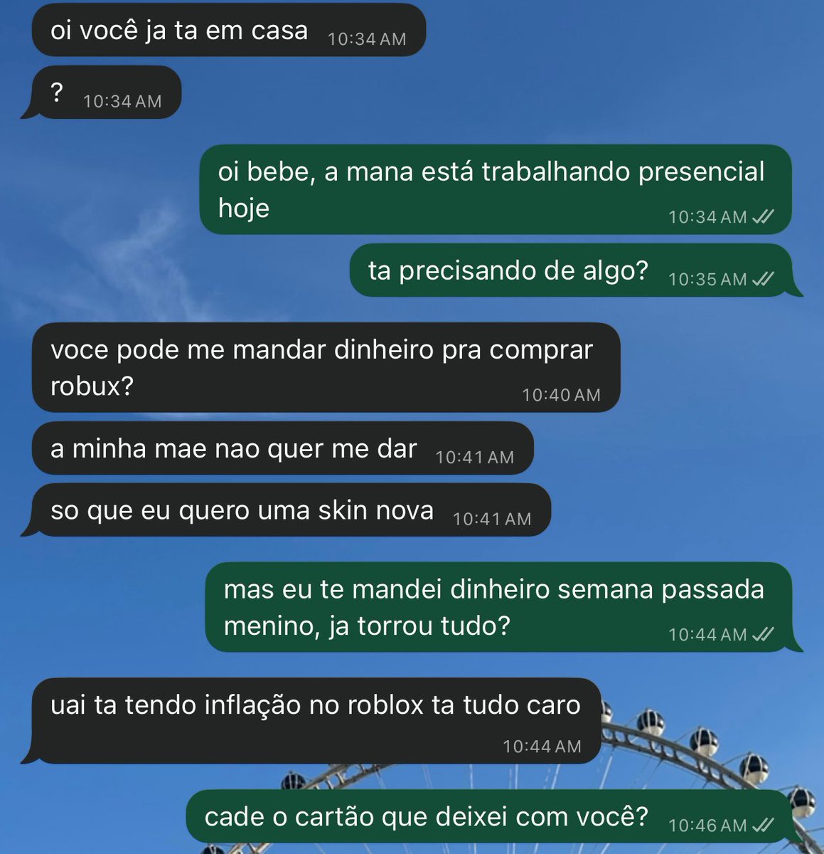 dprwianc's tweet image. gente o contexto por trás da pergunta do cartão é pq ele estava me pedindo dinheiro pra comprar robux e eu deixo um cartão meu pra ele usar em caso de emergências