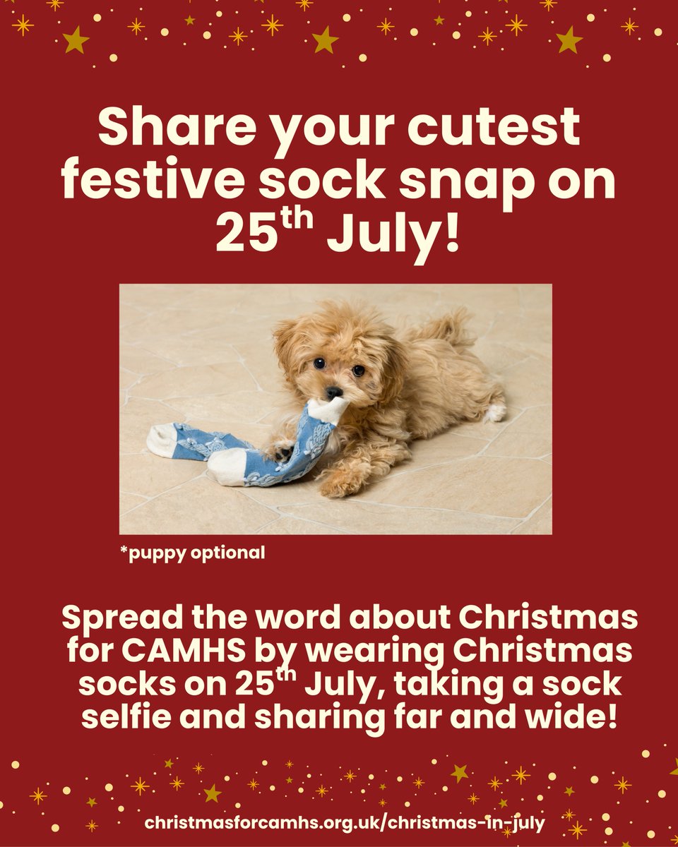 Xmas4CAMHS's tweet image. On 25th July we want everyone to get out their festive socks, take a sock selfie and share it far and wide to spread the word about Christmas For CAMHS! We particularly love pictures of socks and pets (well, maybe not snakes...)
justgiving.com/campaign/chris…