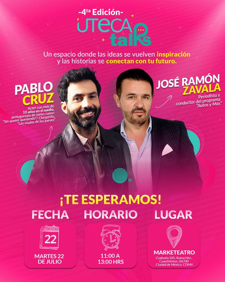 ¡Atención amantes del #entretenimiento y la comunicación! 🎤📺

Este 22 de julio, de 11:00 a 13:00 hrs, llega la 4ta edición de #UTECATalks y no se lo pueden perder. En esta ocasión, el evento contará con dos invitados de lujo:
👉 Pablo Cruz, actor protagonista en la icónica