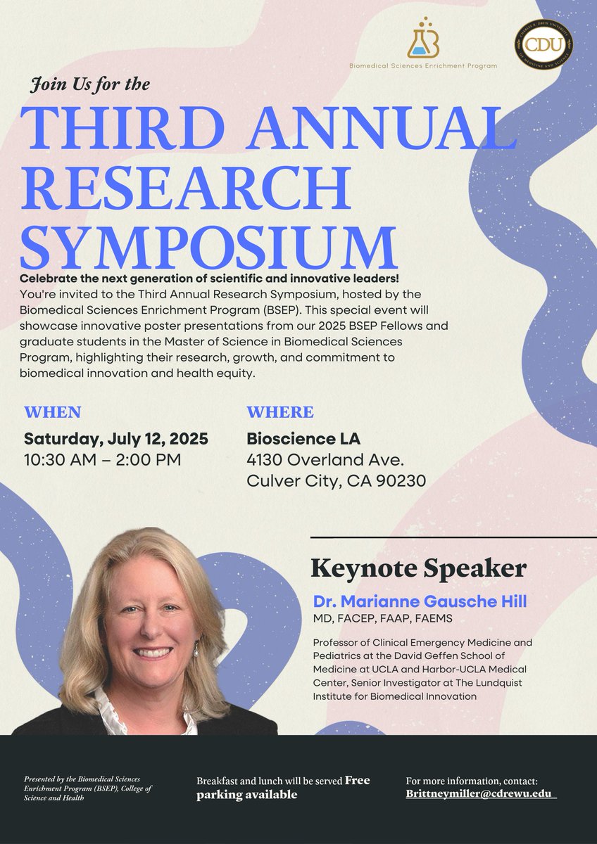 the_lundquist's tweet image. Join TLI Investigator and keynote speaker Dr. Marianne Gausche-Hill this Saturday, July 12th at Charles Drew University's Third Annual Research Symposium!🔬
This event will showcase poster presentations from the 2025 Biomedical Sciences Enrichment Program (BSEP) fellows and…