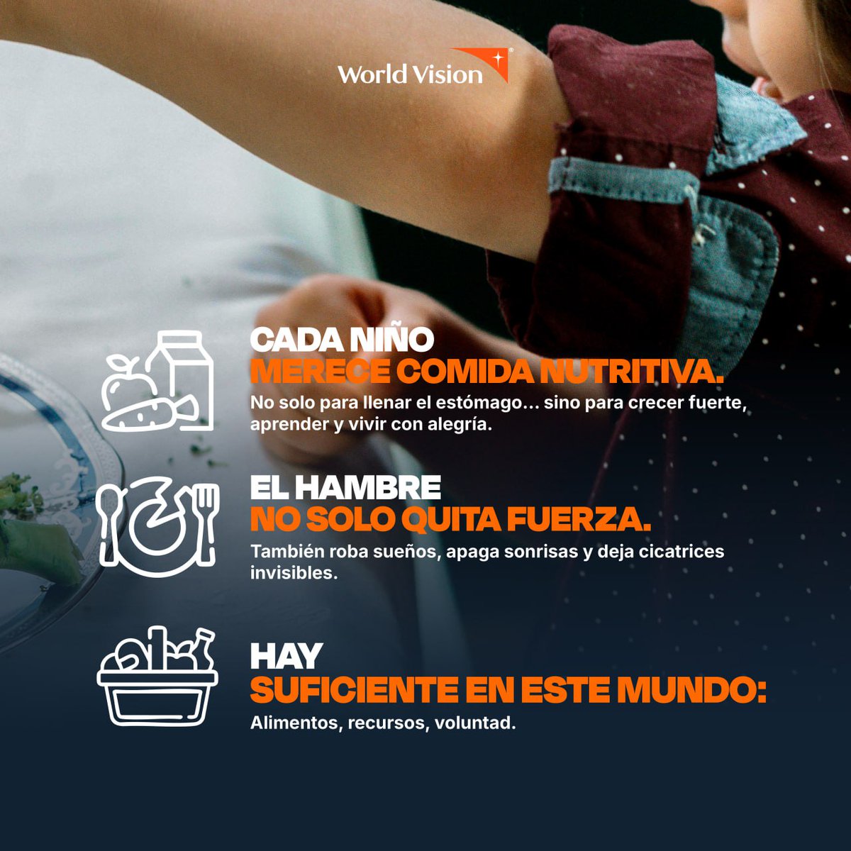 Cada niño y niña merece más que solo comida. Merecen salud, energía, aprendizaje y una infancia llena de sonrisas. 🌾🍎

El hambre no solo duele… también apaga sueños.

#AlimentaciónSuficiente #NiñezConFuturo #WorldVision #Suficiente