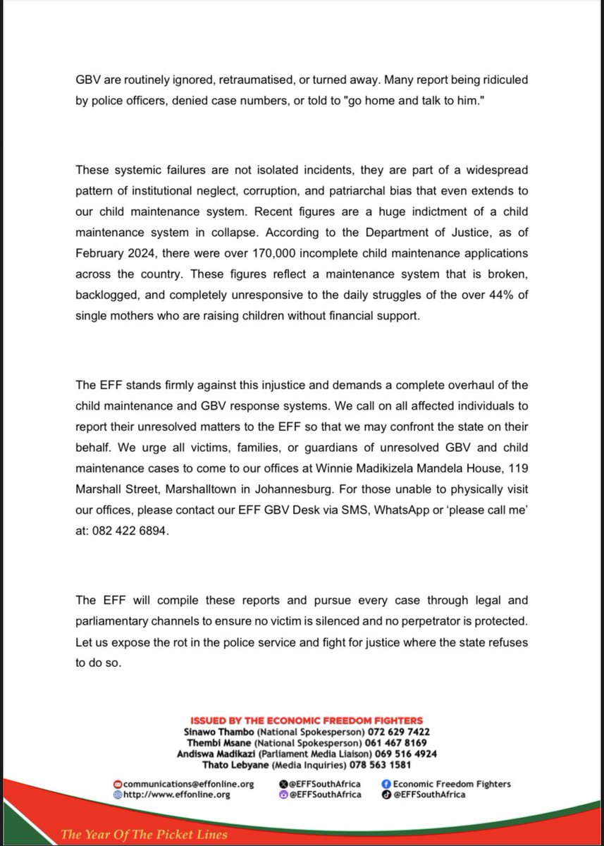 EFFSouthAfrica's tweet photo. The EFF’s Statement Calling on Victims of Gender-Based Violence and Unresolved Child Maintenance Cases to Report to EFF Offices

-Too many women and children are left without justice, as police officials abuse their power, stall investigations, or protect perpetrators. This criminal betrayal of the most vulnerable in our society must end, especially when over 33% of women over 18 years old in South Africa have experienced physical violence. Women seeking justice for GBV are routinely ignored, retraumatised, or turned away. Many report being ridiculed by police officers, denied case numbers, or told to "go home and talk to him."