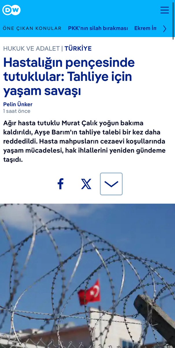 Ağır hasta tutuklu Murat Çalık yoğun bakıma kaldırıldı.

Ayşe Barım'ın tahliye talebi bir kez daha reddedildi.

Hasta mahpusların cezaevi koşullarında yaşam mücadelesi, hak ihlallerini yeniden gündeme taşıdı

✍️ Tahliye için yaşam savaşı

👉 dwturkce1.com/tr/hastal%C4%B…

📍 <a href="/dw_turkce/">DW Türkçe</a>