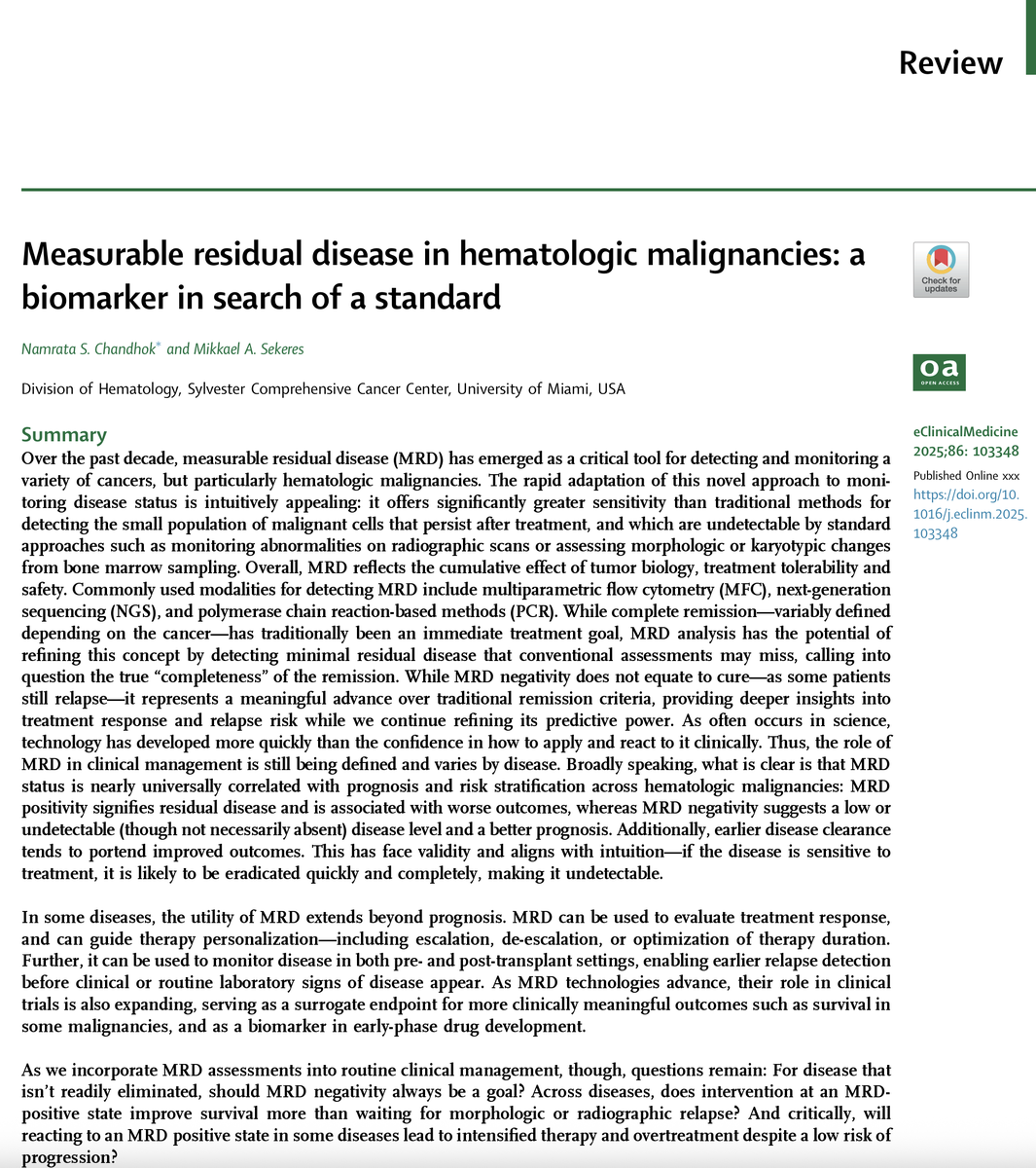 MikkaelSekeres's tweet image. Our deep dive (with @NamrataChandhok) on Measurable Residual Disease in hematologic malignancies: a biomarker in search of a standard! now online @eClinicalMed @TheLancet sciencedirect.com/science/articl… @SylvesterCancer @UMiamiHealth