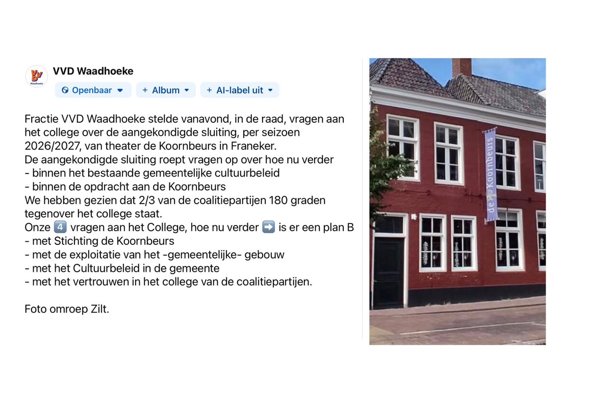 Op 19/6/‘25 stemde fractie VVD Waadhoeke, samen met FNP, voor het voortbestaan vd  Koornbeurs Franeker. De meerderheid vd raad stemde echter tegen. Het bestuur vd Koornbeurs heeft nu sluiting aangekondigd per seizoen 26/27.  Op onze vragen ⬇️had de wethouder (nog) geen antwoord.