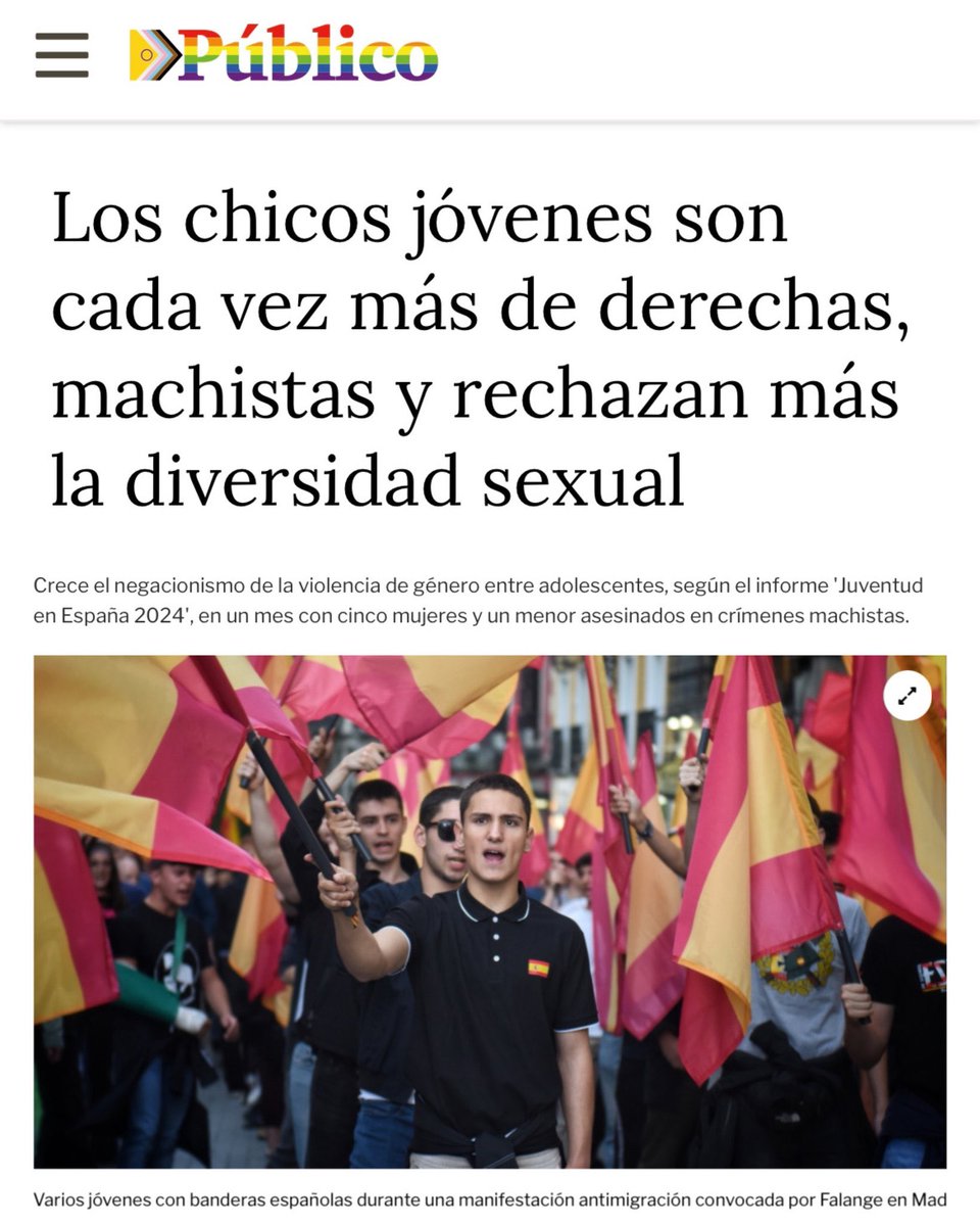 Traducción sincera:
Los jovenes no se tragan los cuentos de asustaviejas de la izquierda, están hartos de feminazis, y entienden que llenar la vía pública de arcoíris y hombres semidesnudos no es una necesidad para mejorar su calidad de vida.

Arreglado.