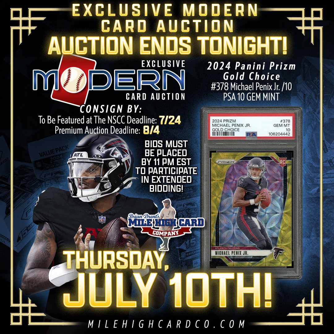 milehighcard's tweet image. π¨ ENDS TONIGHT! THURSDAY, JULY 10TH! π¨
β¨ Bids MUST be placed by 11 PM EST to participate in EXTENDED BIDDING! β¨
Donβt miss your chance at this sparkling 2024 Panini Prizm Gold Choice #378 Michael Penix Jr. /10 PSA 10 GEM MINT!π
π¨ BID NOW! π¨
tinyurl.com/penixgoldchoice
#MHCC
