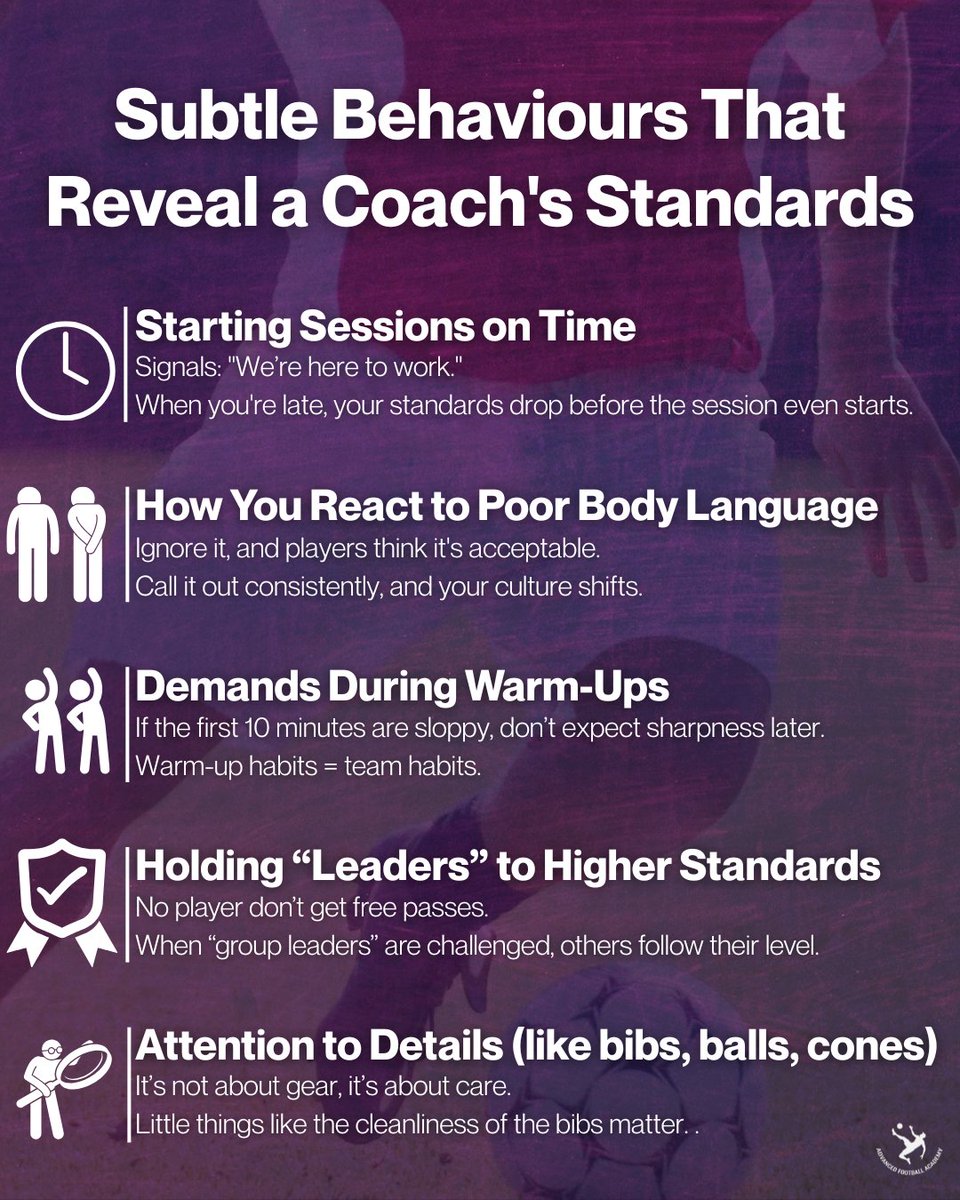 Coaches,

your players always notice the little things.

And those little things reveal everything about your standards as a coach.

Here are 5 behaviours that say more than any speech ever will 👇