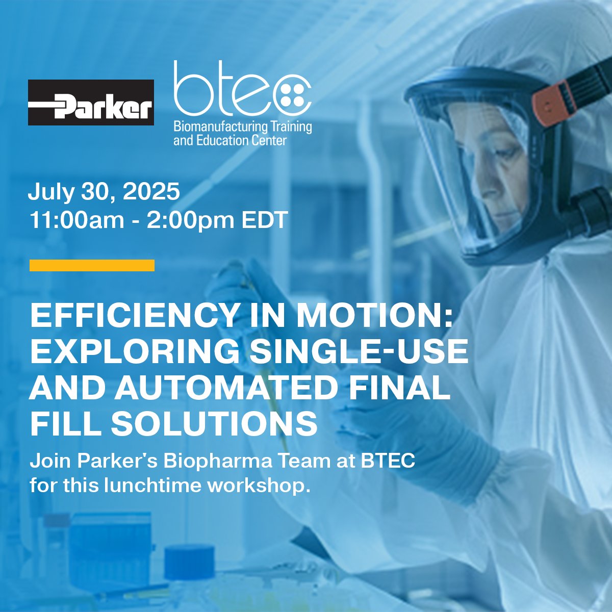 NC State BTEC (@ncstatebtec) on Twitter photo 📢Upcoming free summer Lunch and Learn event!
Join the Parker Hannifin team at BTEC on Wednesday, July 30 to learn about "Efficiency in Motion - Exploring Single-Use and Automated Final Fill Solutions."
➡️Learn more and register at ncst.at/43BH50WnRpA 📢Upcoming free summer Lunch and Learn event!
Join the Parker Hannifin team at BTEC on Wednesday, July 30 to learn about "Efficiency in Motion - Exploring Single-Use and Automated Final Fill Solutions."
➡️Learn more and register at ncst.at/43BH50WnRpA