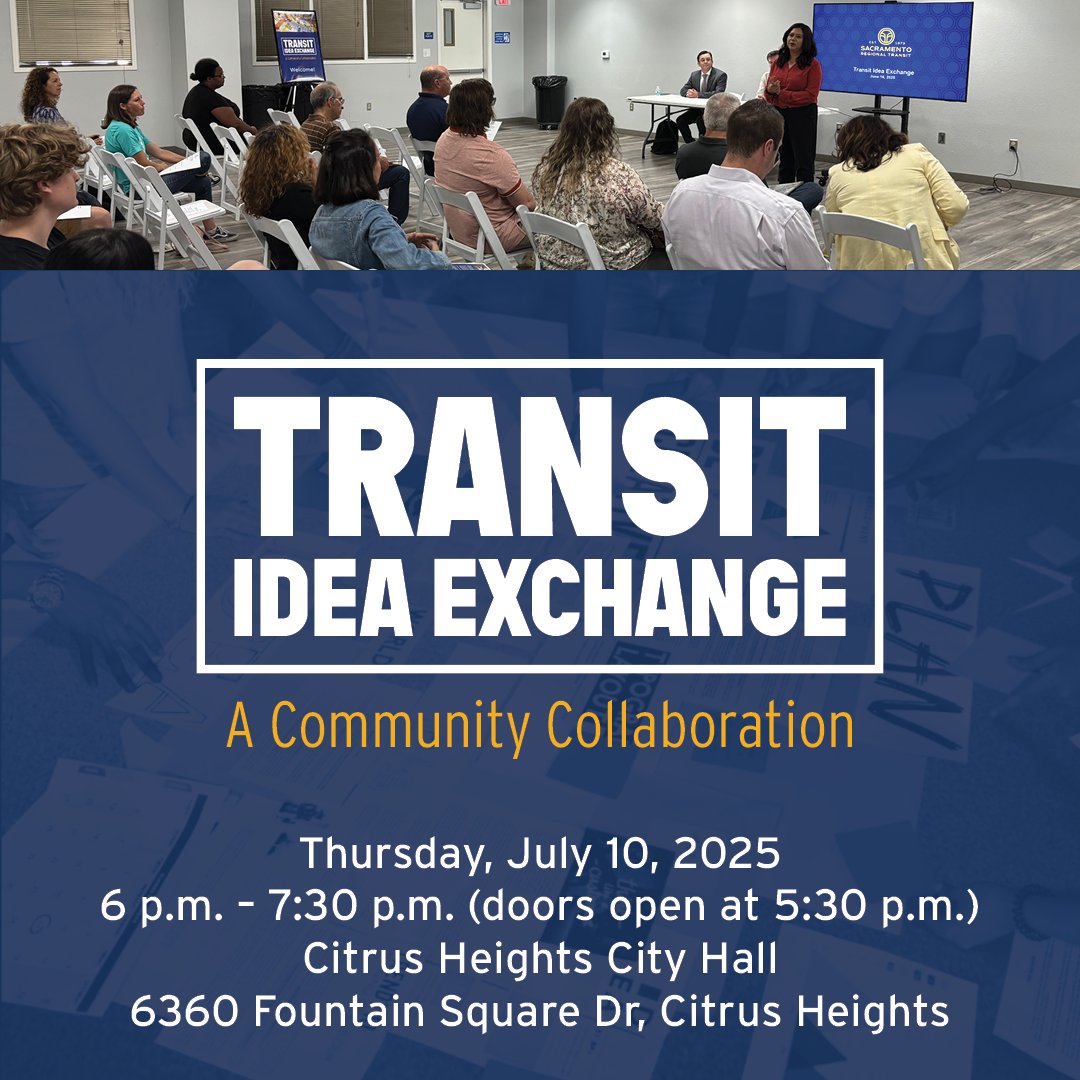 RideSacRT's tweet image. 📣 Happening Tonight!
Don’t miss the Transit Idea Exchange Workshop in Citrus Heights — your chance to help shape the future of transit in our region.
✅ Share your ideas
✅ Ask questions
✅ Make your voice heard
🕕 6:00 p.m. – 7:30 p.m. (doors open at 5:30 p.m.)
📍 Citrus…
