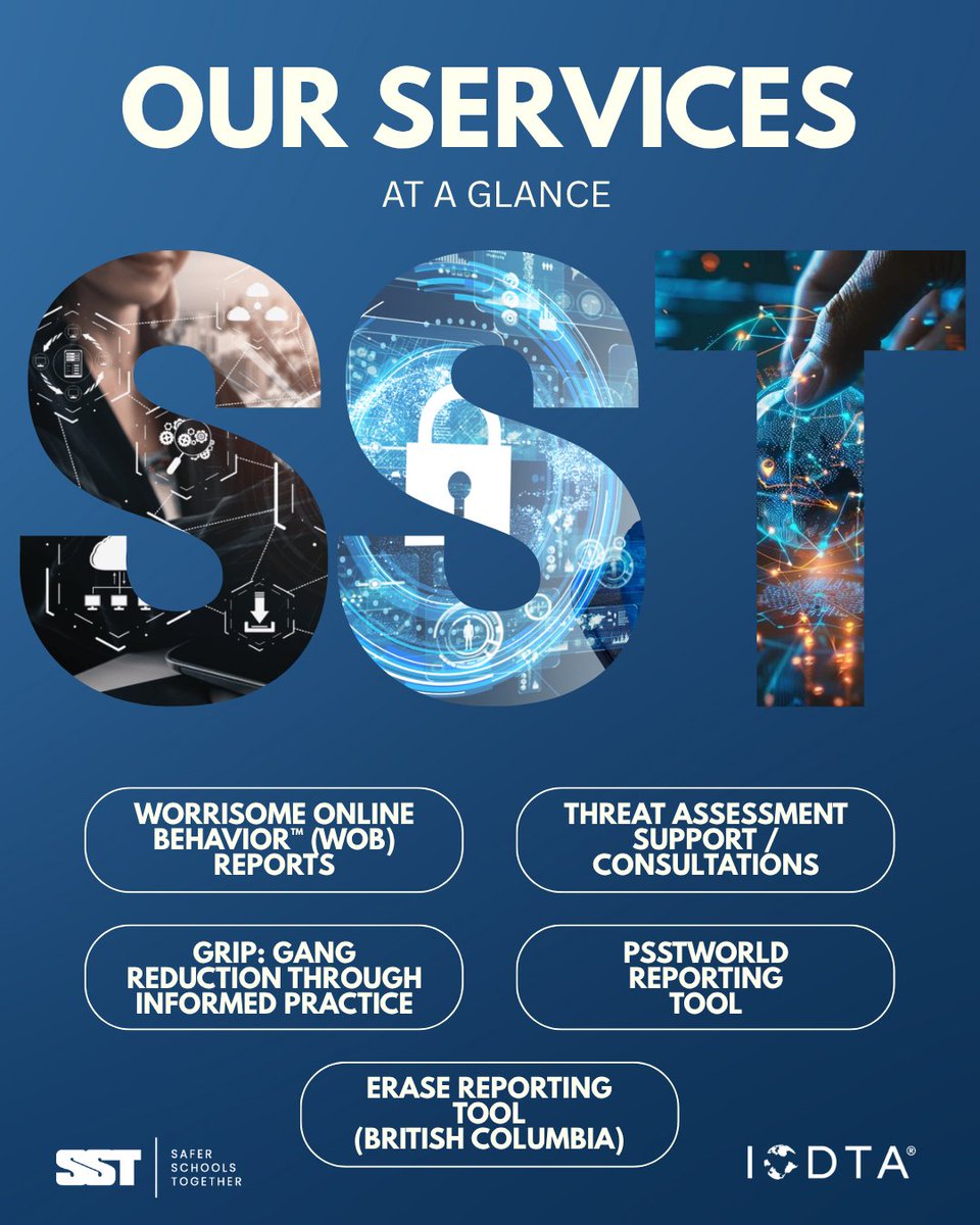 Our services at a glance ➡️

🔹 WOB™ Reports
🔹 Threat Assessment Support/Consultations
🔹 GRIP
🔹 PSSTWORLD Reporting Tool
🔹 ERASE Reporting Tool (BC)

To learn more about our provided services, visit the services page on our website: hubs.ly/Q03wghK_0