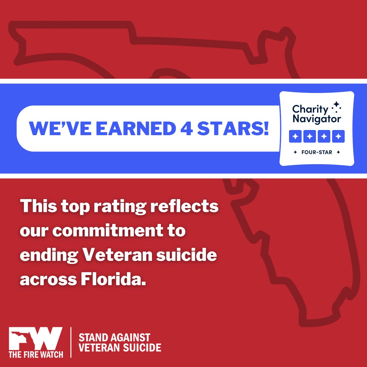 The Fire Watch (@yourturntostand) on Twitter photo We're proud to announce we've received a 4-star rating from <a href="/CharityNav/">Charity Navigator</a> at our first opportunity! This recognition underscores our team’s dedication to supporting #Veterans and ending Veteran suicide in #Florida. 👏❤️
Learn how charities are rated here: charitynavigator.org/about-us/our-m… We're proud to announce we've received a 4-star rating from <a href="/CharityNav/">Charity Navigator</a> at our first opportunity! This recognition underscores our team’s dedication to supporting #Veterans and ending Veteran suicide in #Florida. 👏❤️
Learn how charities are rated here: charitynavigator.org/about-us/our-m…