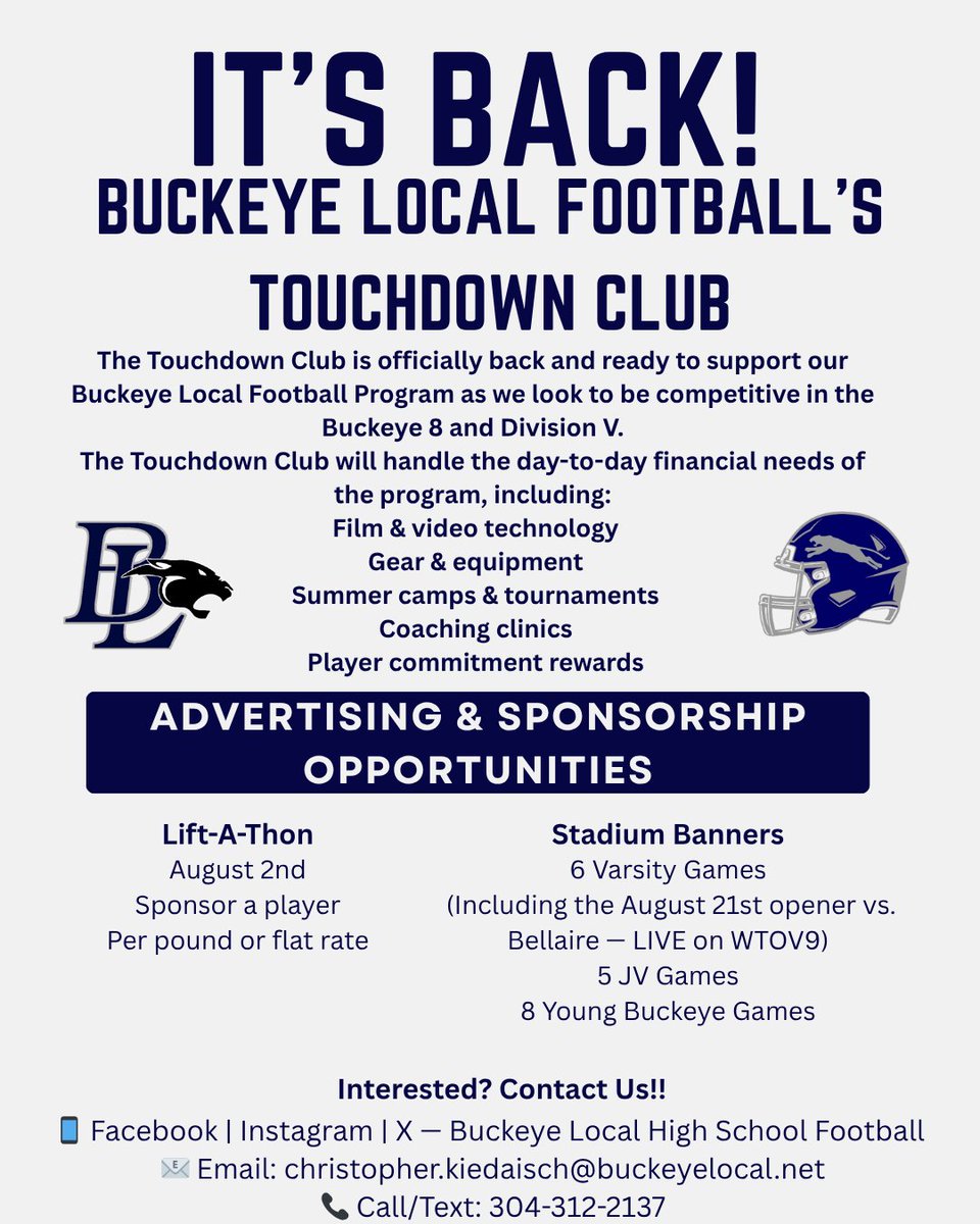 We are thrilled to announce the relaunch of the Touchdown Club!
This is a big step forward in supporting our student-athletes and building a stronger football community.

Stay tuned — more details will be shared in the coming days about these events and more!