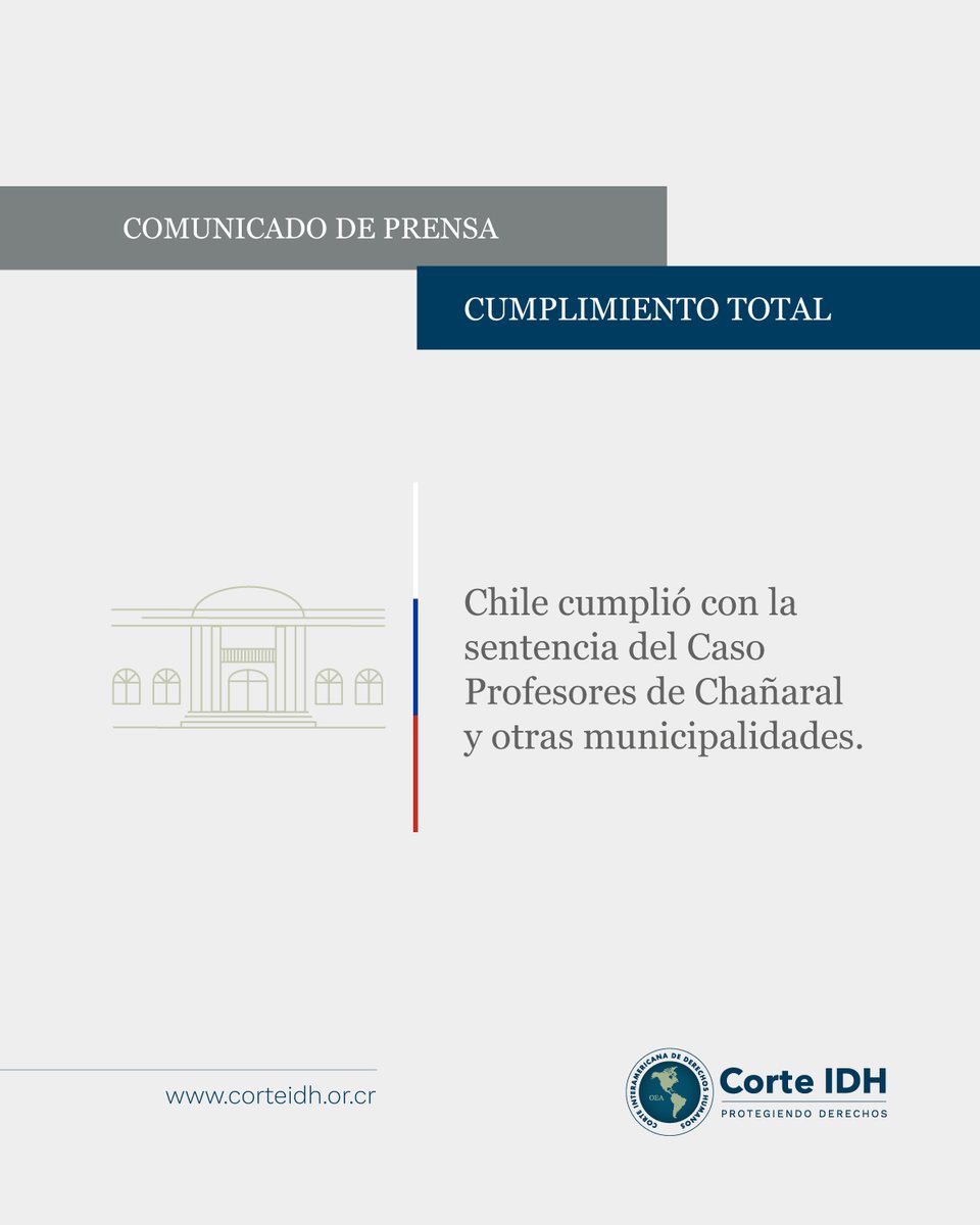 CorteIDH's tweet image. COMUNICADO | 📄
De conformidad con lo señalado en la Resolución de Supervisión de Cumplimiento de Sentencia emitida por la Corte el 1 de julio de 2025, la República de Chile cumplió con ejecutar todas las reparaciones ordenadas en la Sentencia del 10 de noviembre de 2021.
Para…