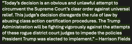 ekoslof's tweet image. BIRTHRIGHT CITIZENSHIP RULING:
#WhiteHouse responds to new ruling by a federal judge blocking @POTUS' order ending Birthright citizenship.
Spokesperson calls ruling an 'obvious and unlawful attempt to circumvent" SCOTUS by a 'rogue' judge.
@SpectrumNewsDC