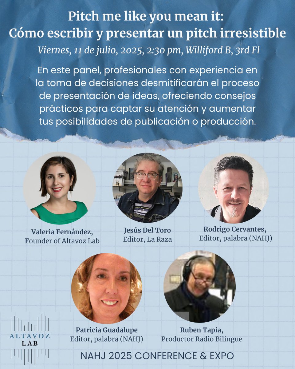 Altavoz_Lab's tweet image. 🗓️ Este viernes 11 de julio, únete a este panel de #NAHJ2025 en español para aprender a escribir y presentar un pitch irresistible.
📬 Tips clave para estructurar tu correo, captar atención editorial y lograr esa publicación o producción.
11 de julio, 2:30 pm, Williford B, 3rd Fl