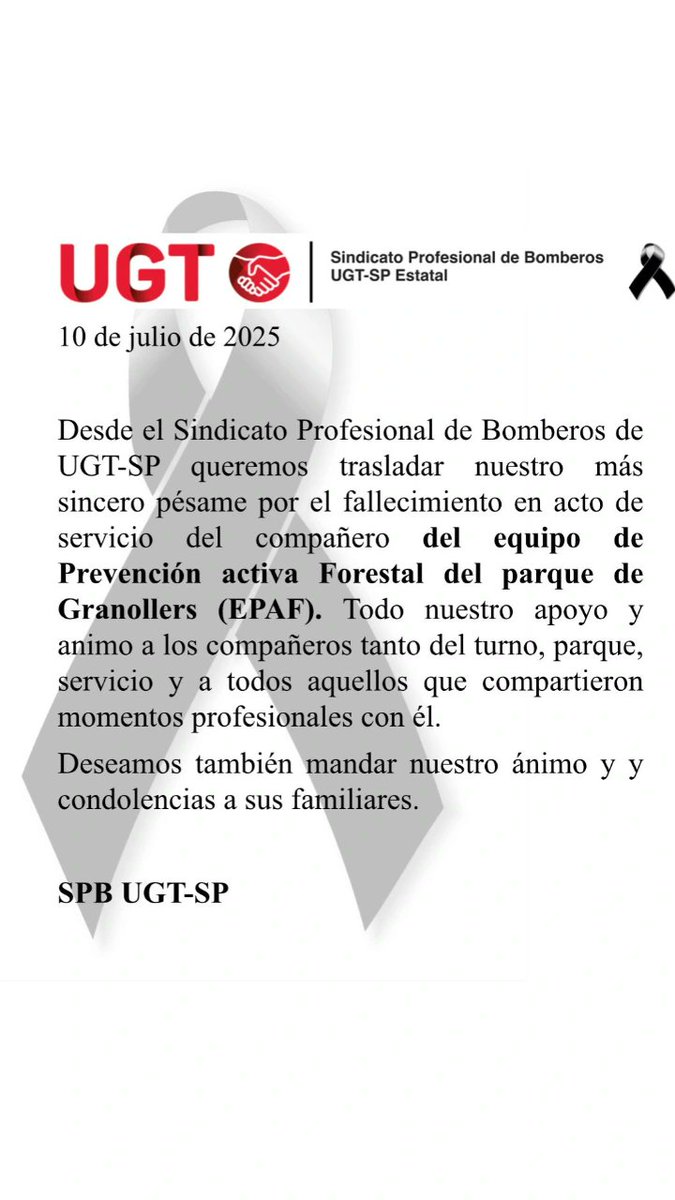 UGT_SP's tweet image. Lamentamos el fallecimiento de un compañero en acto de servicio y pedimos mejores condiciones laborales para el colectivo.