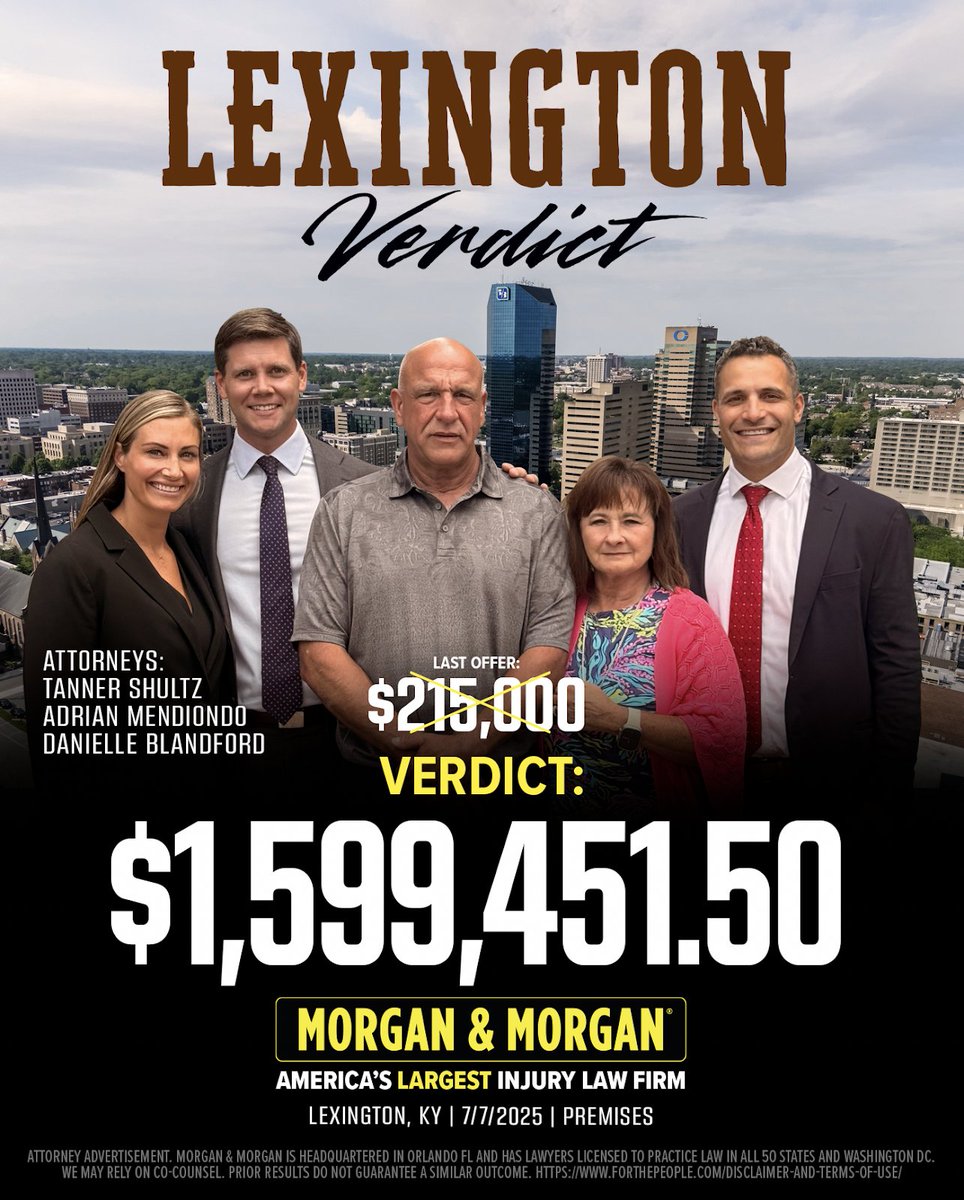 Attorneys Tanner Shultz, Adrian Mendiondo, and Danielle Blandford received a $1,599,451.50 verdict for our client in Lexington, KY.

The last offer from insurance? $215k