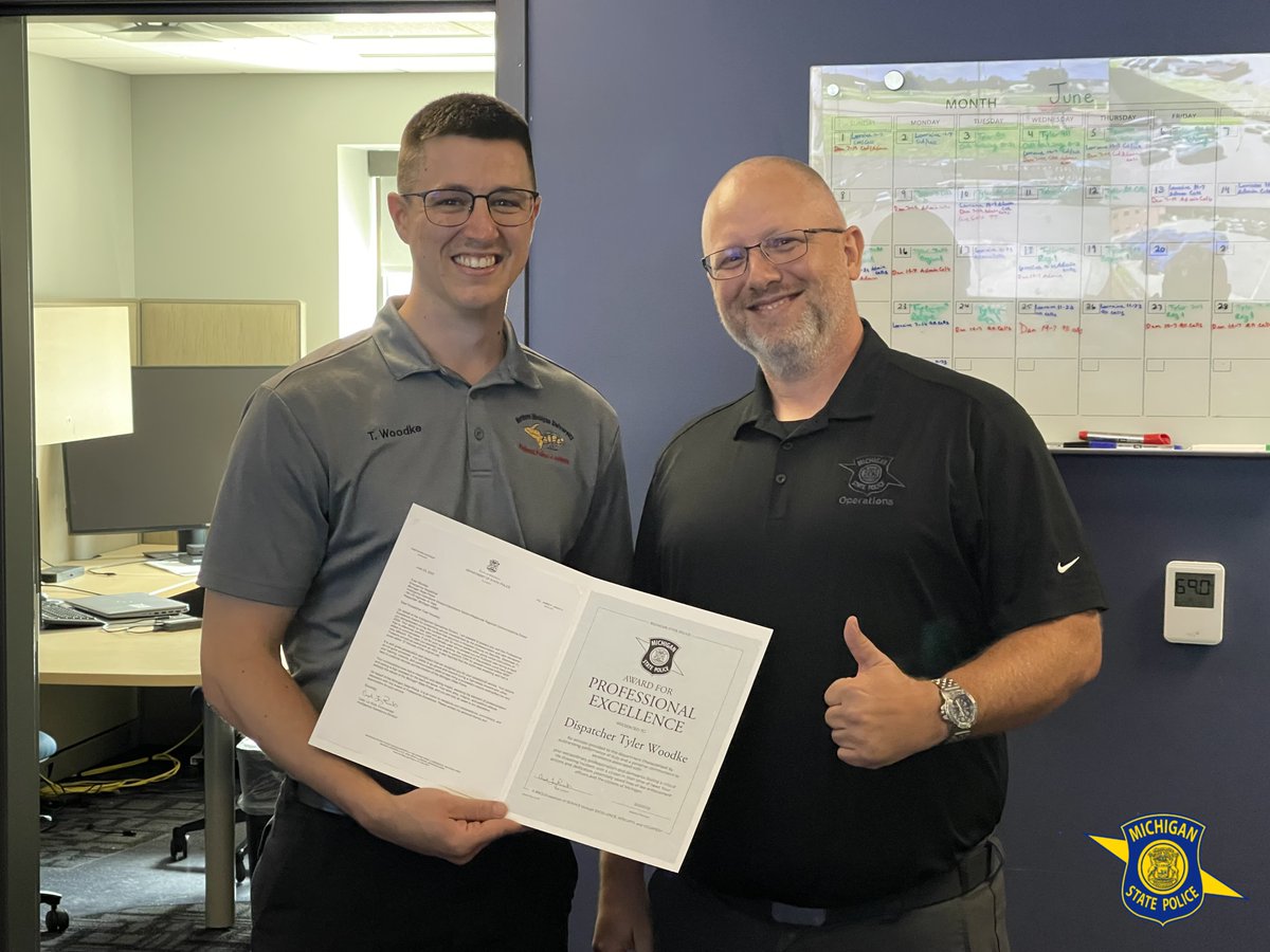The Michigan State Police (MSP) has presented former Negaunee Regional Communications Center (NRCC) emergency dispatcher Mr. Tyler Woodke with a Professional Excellence Award in recognition of his outstanding service during a critical emergency in Houghton County on Saturday,